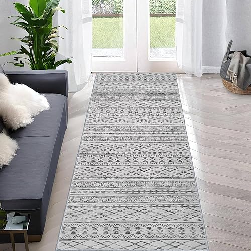 Miniatura 3 de KUTA Alfombra marroquí lavable, 2.6 x 10 pies, antideslizante, vintage, gris, bohemio, para pasillo, cocina, ultra suave, envejecida, geométrica,