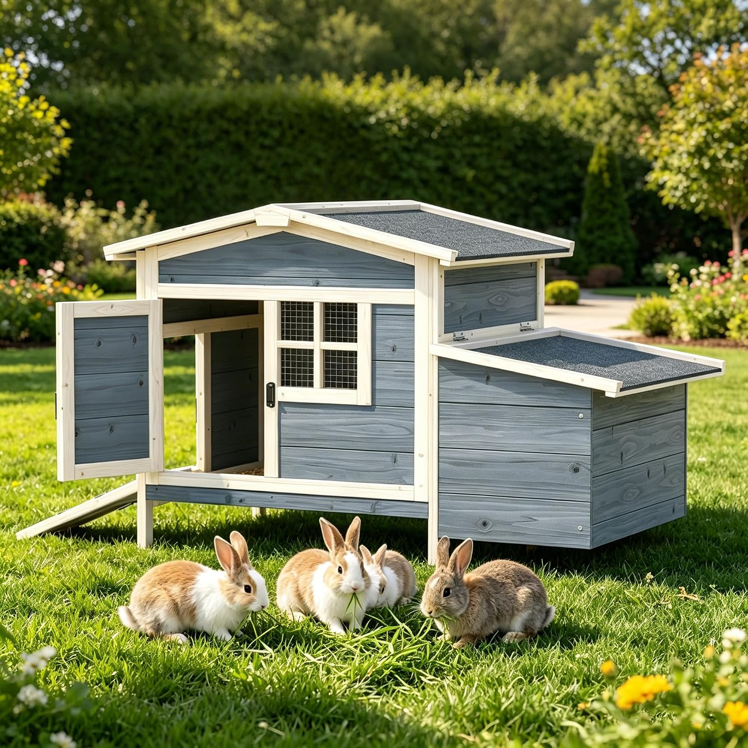 Rabbit Hutch, Bunny Cage w/Pull-Out Tray & Nesting Box Wooden Chicken Coop w/Ramp Easy-to-Clean Waterproof Guinea Pig Hutch Indoor Outdoor Poultry Cage for Small Animal (Red)