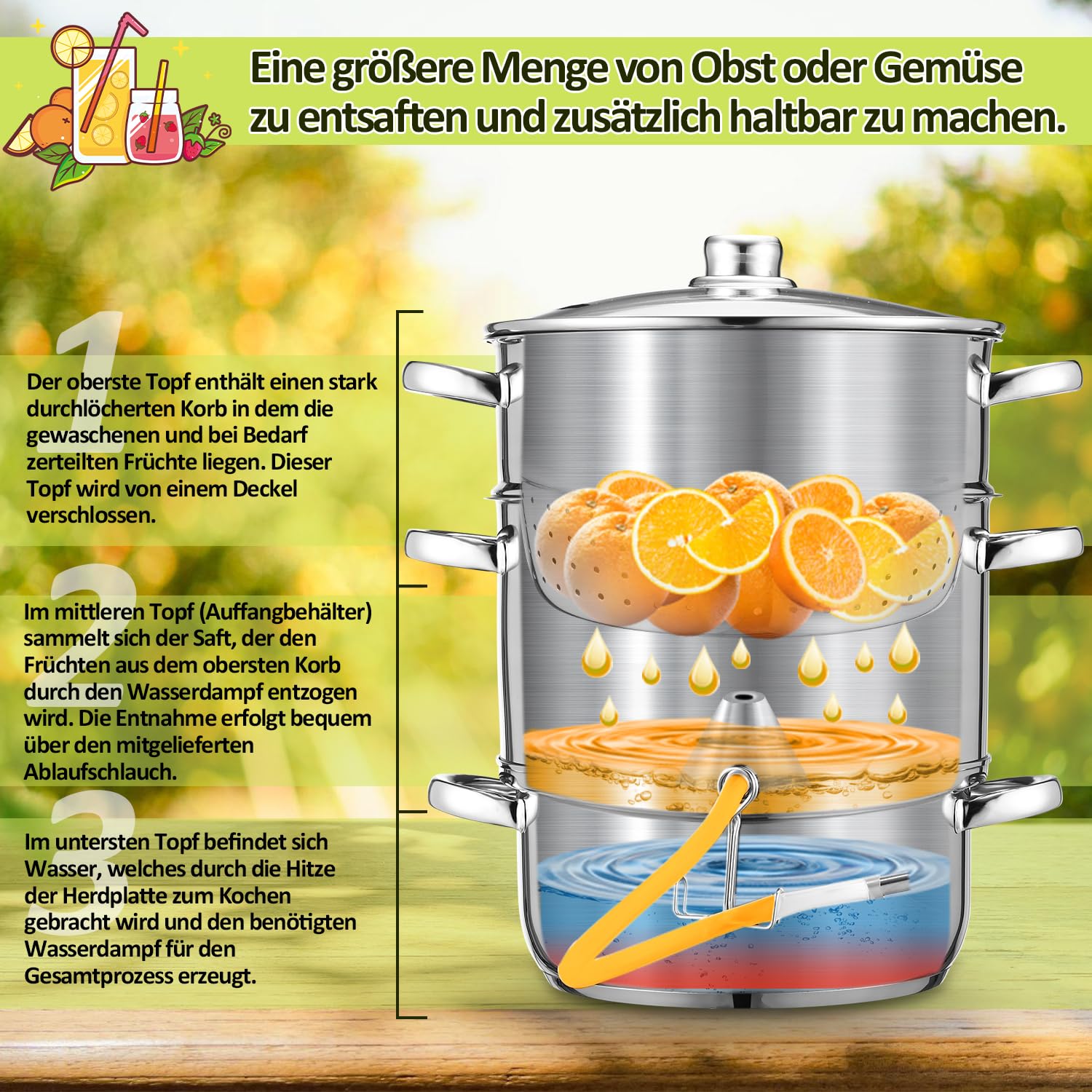 Extracteur de jus à vapeur, 16 l, diamètre : 26 cm, en acier inoxydable, avec 4 bouteilles à étrier, convient à tous les types de feux, extracteur de jus de fruits et légumes, passe au