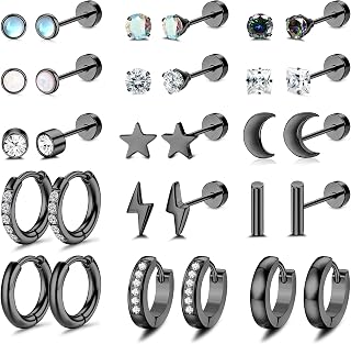 15Pairs Cartilage Stud Earrings 316L Surgical Steel Stud Hoop Earrings for Women Men CZ Opal Moon Star Small Bar Earrings Helix Tragus Daith Earrings Piercing Screw Flat Back Earrings Jewelry
