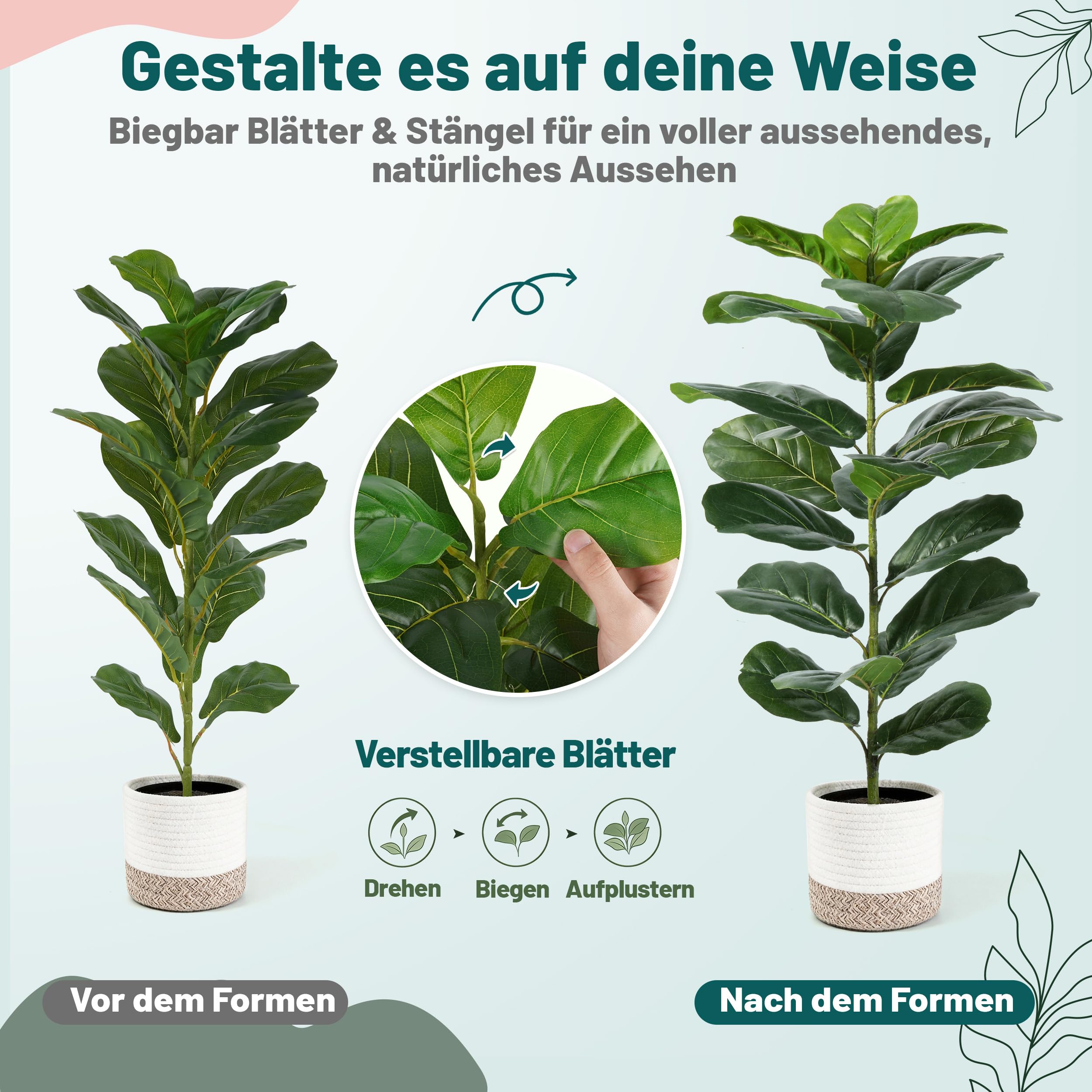 Der Rose 2 Stück Ficus Lyrata Kunstpflanzen 75cm für Schlafzimmer Büro Deko