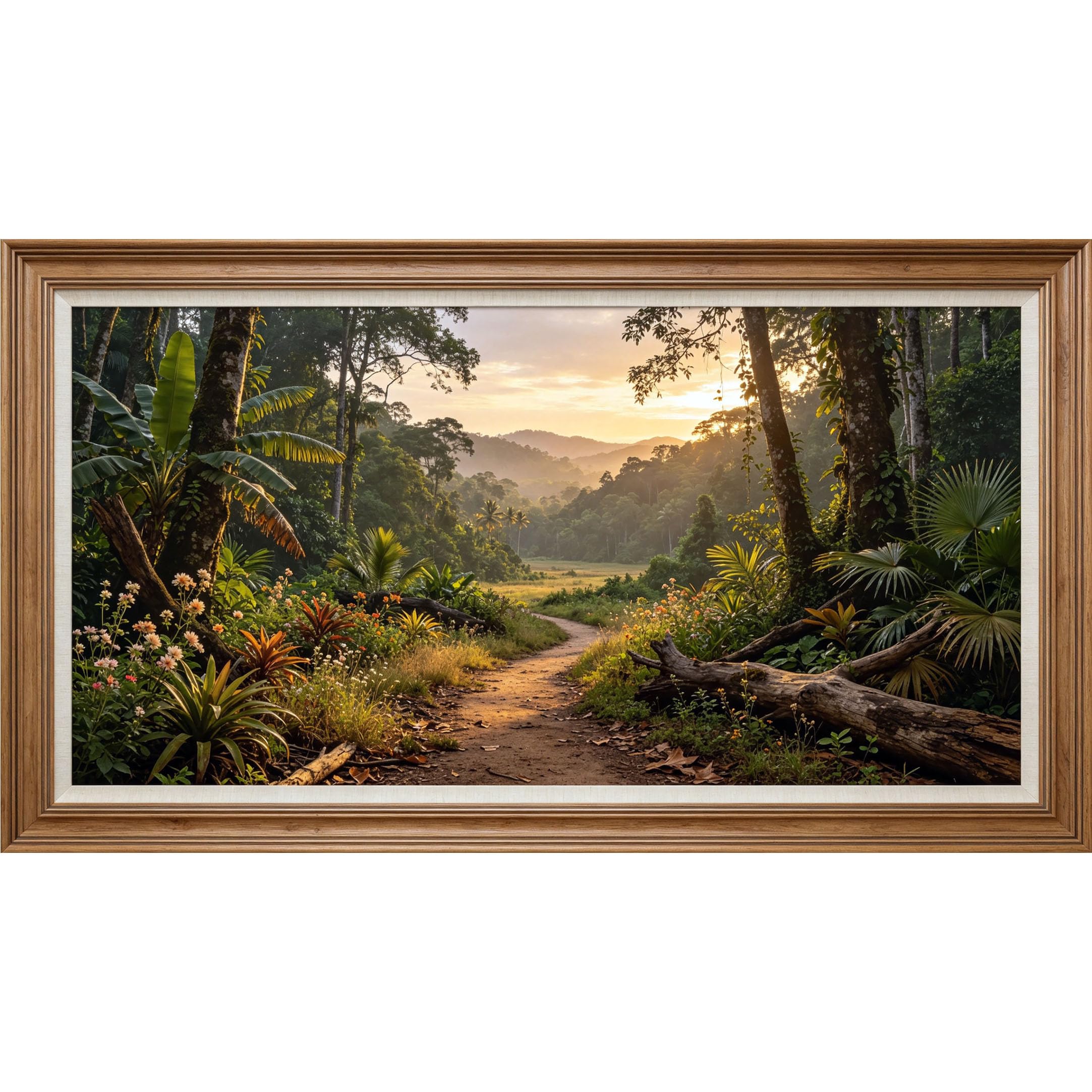 QZLITHOTIC 50×100cm 3D Framed Wall Art， Tropical Jungle Path Sunrise Landscape Self?Adhesive Mural， Water?Activated Peel & Stick Fabric Decor Wall Decal for Bedroom Living Room