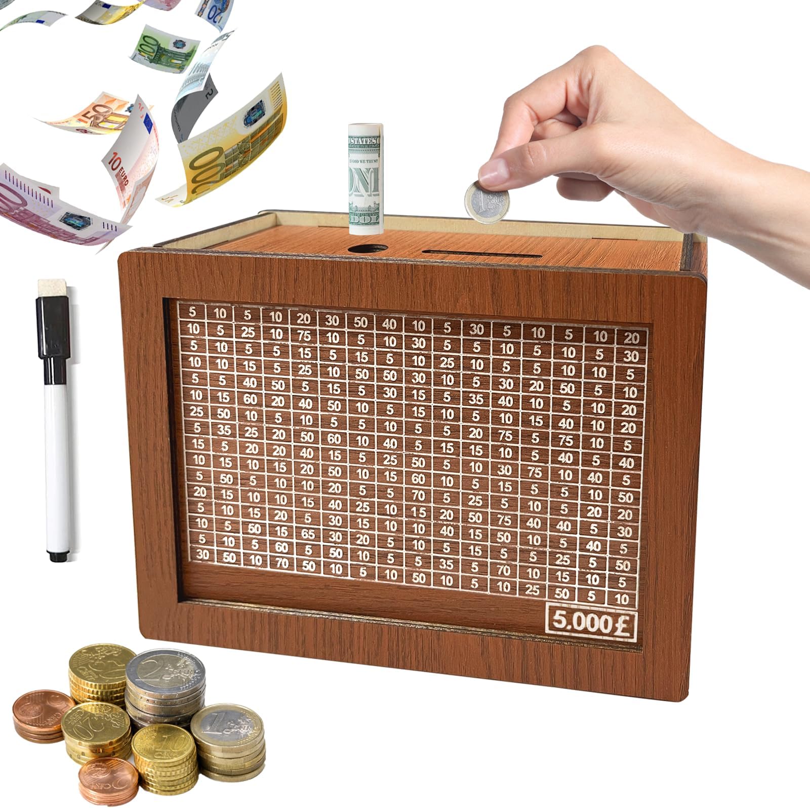 Yeelan Money Box Wooden,Piggy Bank 5000 Pound,Retro Personalised Box,Holiday Fund Box,Counting To Tick,Reusable Jar for Coin & Notes,Fun Gift For Adults Children,20x14.5x7.6cm Brown