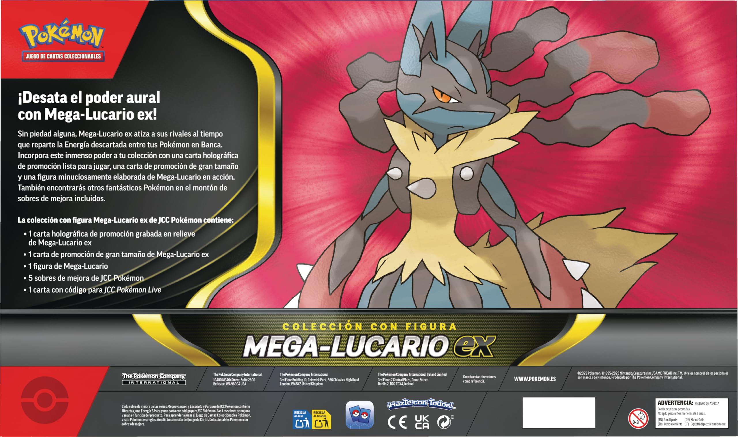 Pokémon: Colección con Figura Mega-Lucario ex de JCC Pokémon (1 Carta holográfica de promoción grabada en Relieve, 1 Carta de promoción de Gran tamaño, 5 Sobres de Mejora y 1 Figura de Mega-Lucario)