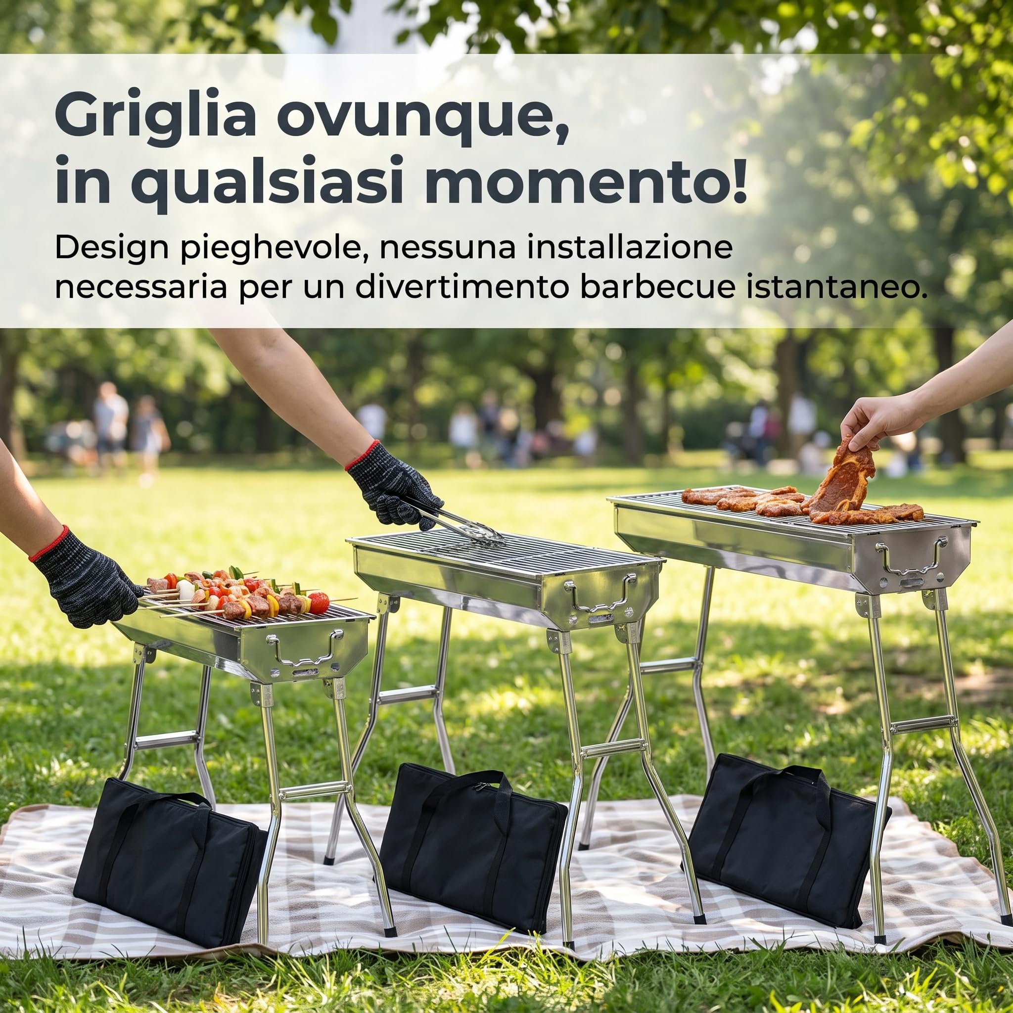 Barbecue a carbone pieghevole, griglia portatile in acciaio per campeggio e esterni, Pacchetto Tre: Griglia in acciaio inossidabile a strisce con rete per barbecue