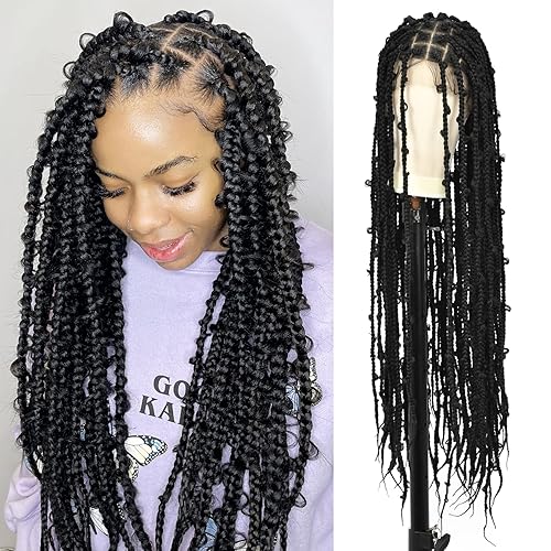 Miniatura 8 de Lexqui Pelucas trenzadas cuadradas de 36 pulgadas con caja de mariposa sin nudos para mujeres negras, peluca frontal de doble encaje con pelo de