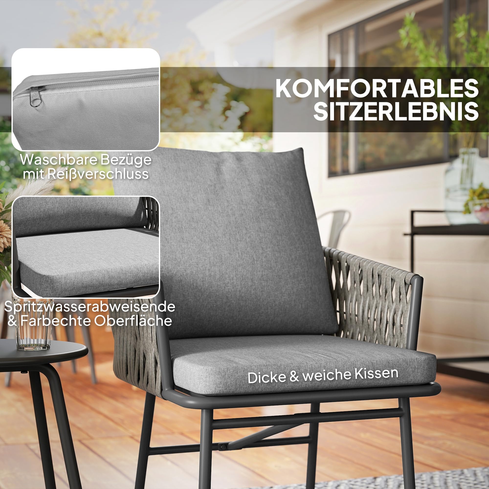 Outsunny 3-TLG. Rattan Bistroset Sitzgruppe 2 Gartensessel Couchtisch Grau