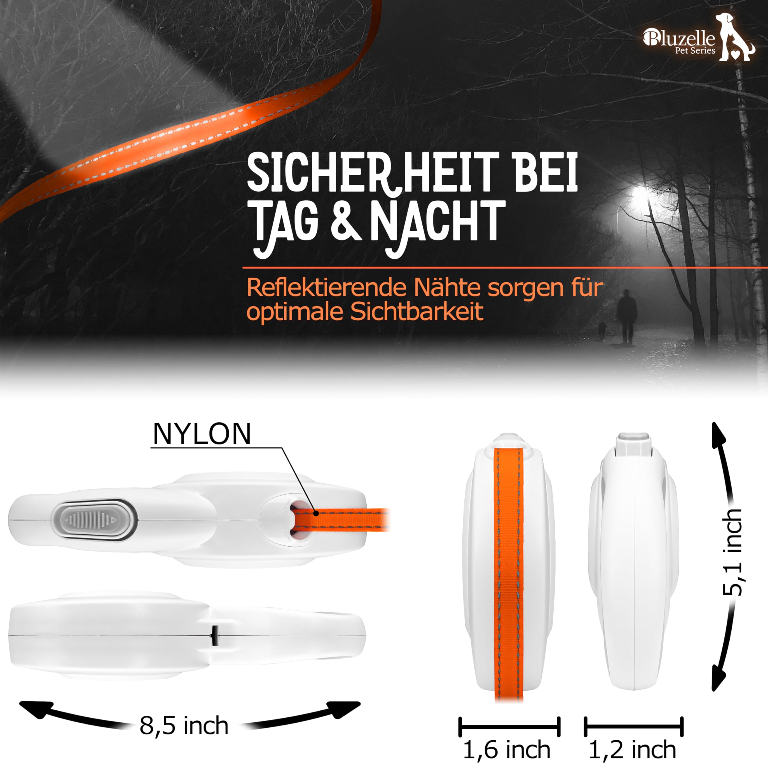 8m Lange Hundeleine für Hunde bis 50kg, Flexible Rollleine Neon-Orange Leuchtender Reflektor-Gurt mit 360° Karabinerhaken Metall, Ergonomischer Griff Grau Gummiert & Einzugs-Bremse, Weiß