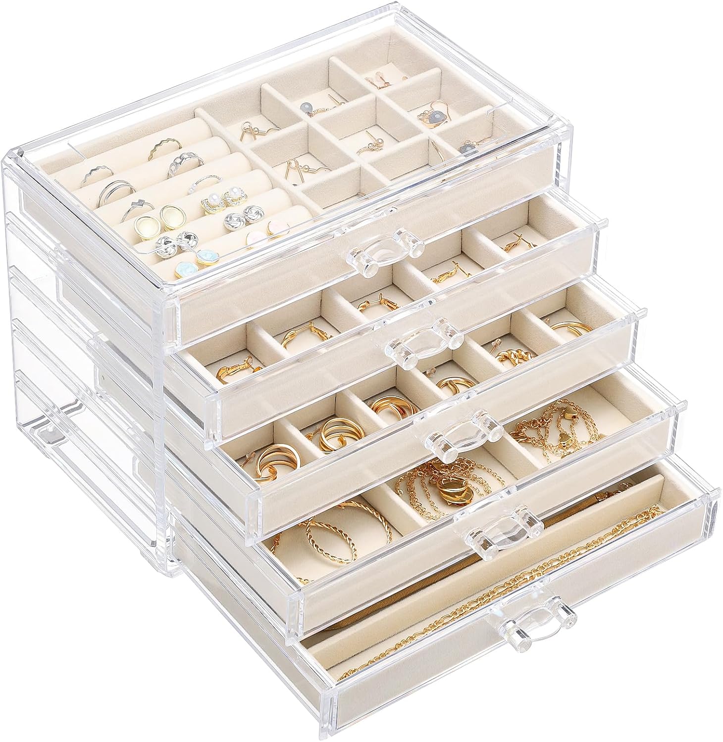 Ewen 5 Drawer Large Jewelry Storage Organizer in 5 Different Layouts, Acrylic Adjustable Jewelry Trays, Beige Display Case for Earrings, Necklaces, Bracelets and Hair Accessories, Gift for Women Wife