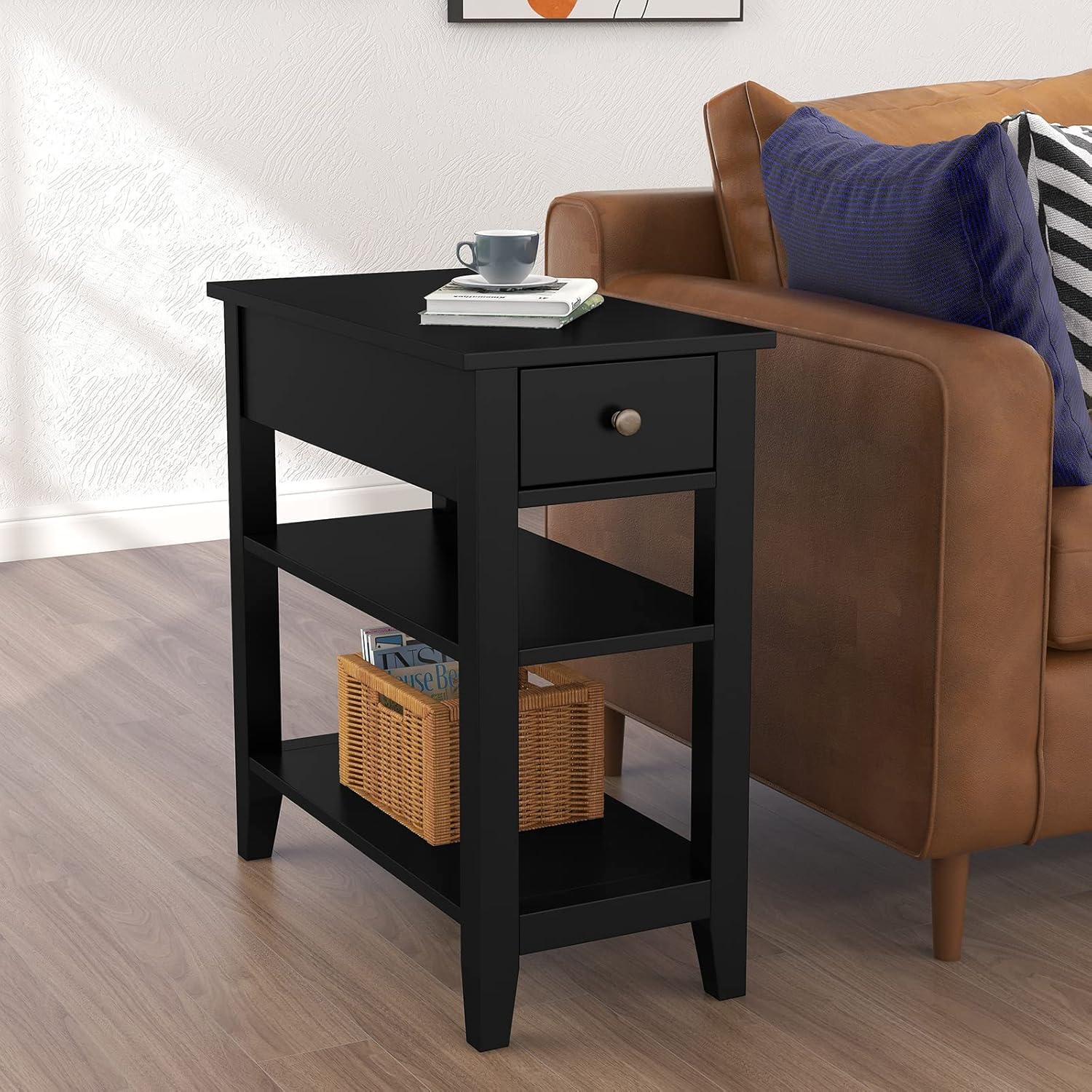 ChooChoo Side Table Living Room, Narrow End Table with Drawer and Shelf, 3-Tier Sofa End Table for Small Space, Black : Home & Kitchen