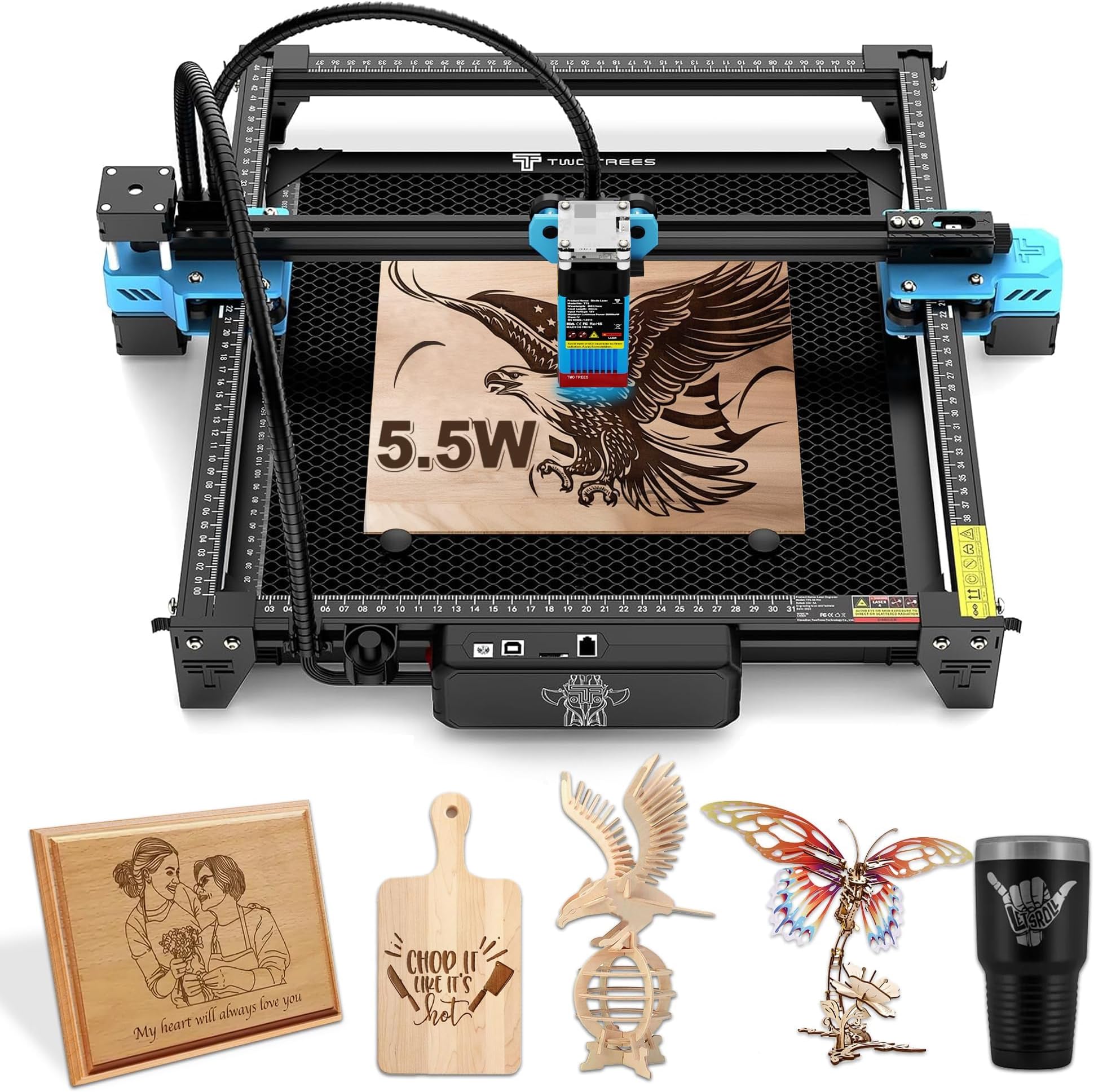 TTS-55 Pro Laser Engraver 5500mW Lazer Engraving Machines 0.1mm High-Precision DIY Cutter 300x300mm Engraving Area 32-Bit Motherboard for Wood Acr(Class: 4A)
