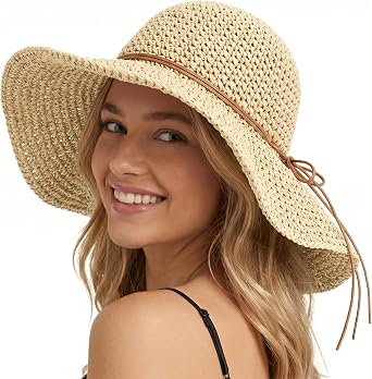 Beach Sun Straw Hats for Women Floppy Wide Brim UV Packable Summer | Breathable Lightweight Paper Straw,Handmade Crochet,Shapeable Brim,Adjustable Band,Chin Strap, Foldable Travel UPF 50+