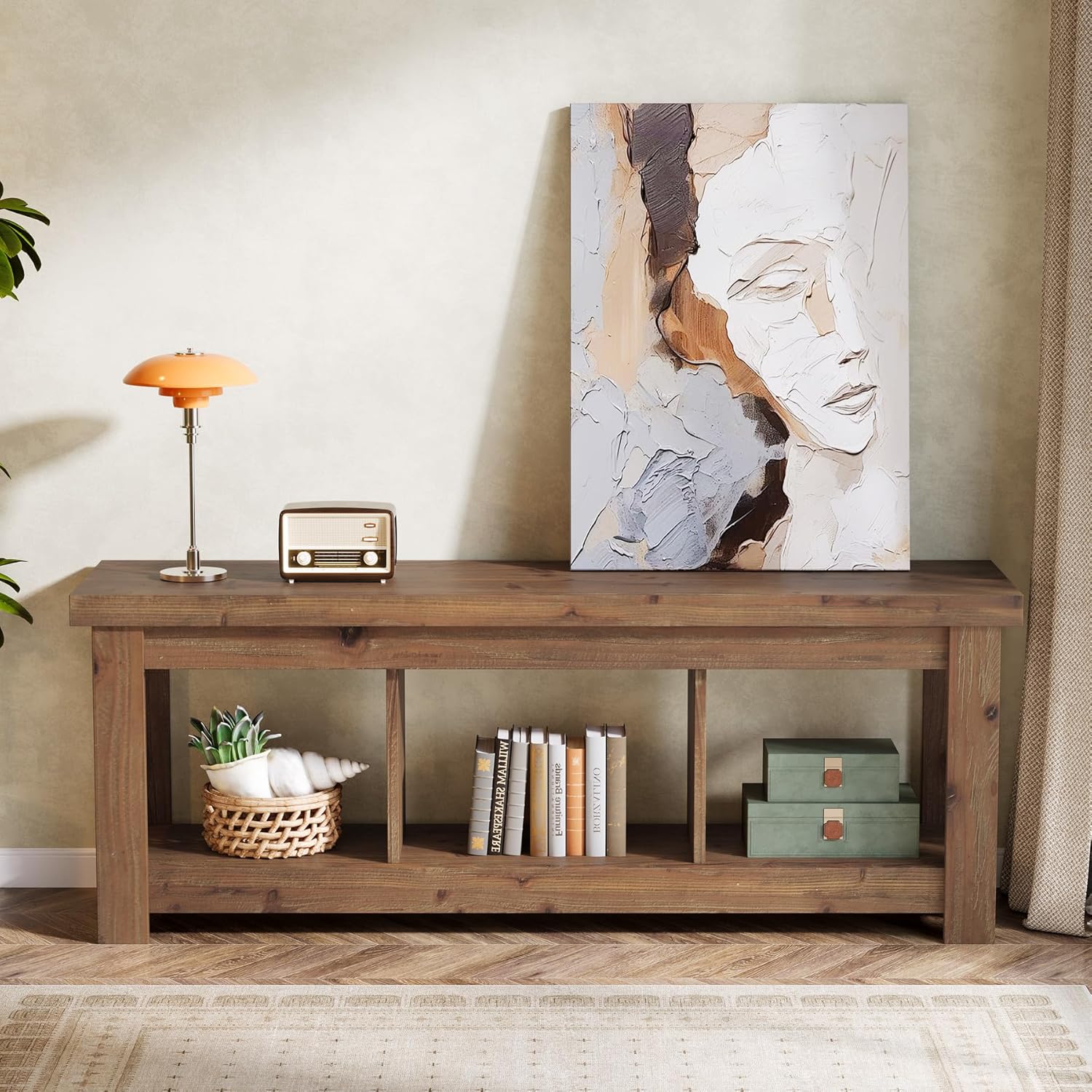 Tribesigns 63" Solid Wood Console Table with Storage, Long Entryway & Sofa Table for Behind Couch, Farmhouse Hallway Accent for Living Room, 63" TV Console Stand, Natural Finish