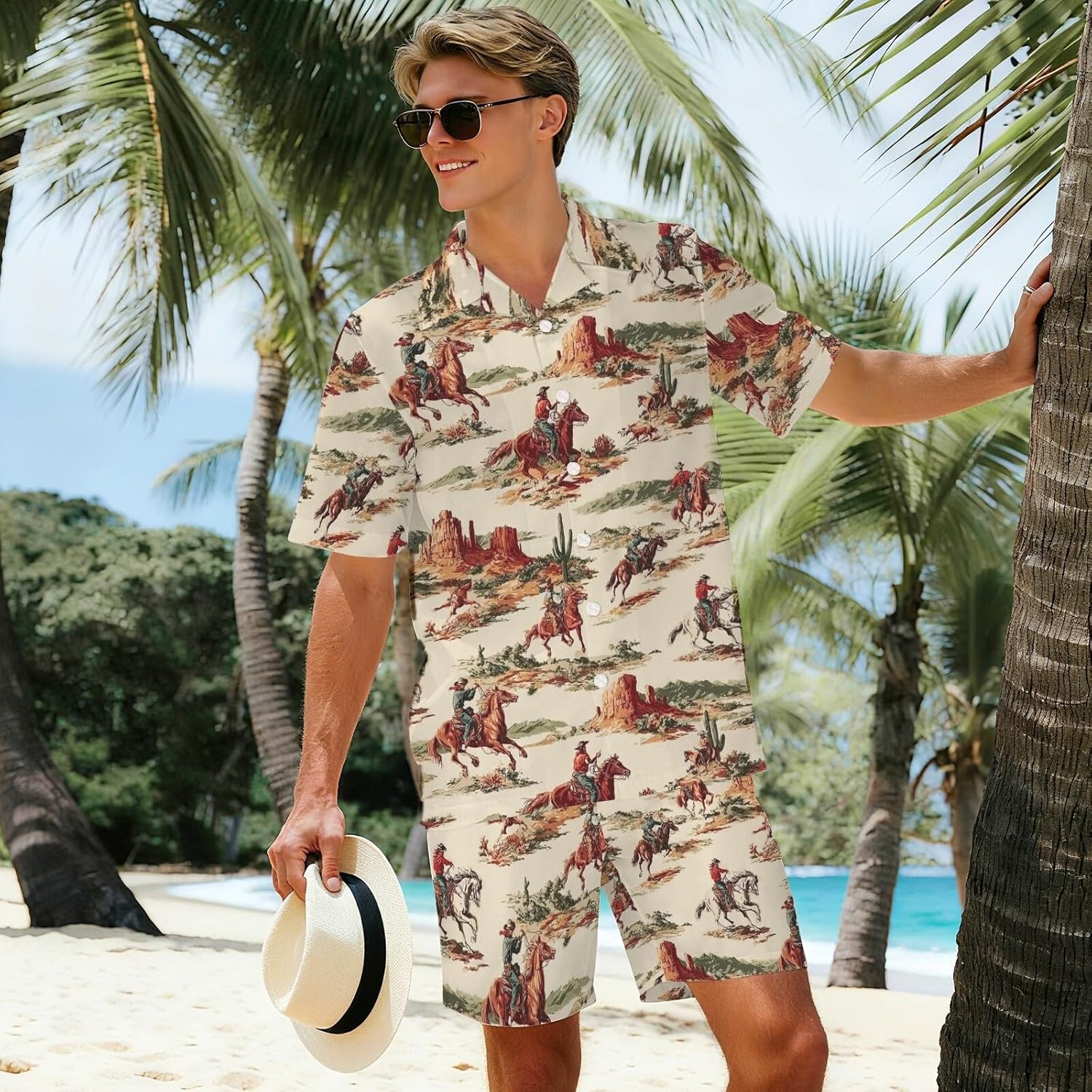 2 Piece Men's Hawaiian Outfits Shirts and Shorts Sets Button Down Funny Tropical Beach Party