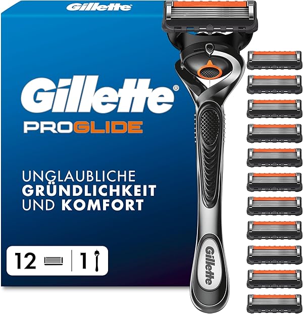 Gillette Fusion5 Proglide Rasierer Herren — Inkl. 1 Nassrasierer, 12 Ersatzklingen mit Gleitstreifen für Ein Sanftes Gleiten und 5 Klingen für Eine Gründliche, Langanhaltende Rasur — Silber/Schwarz