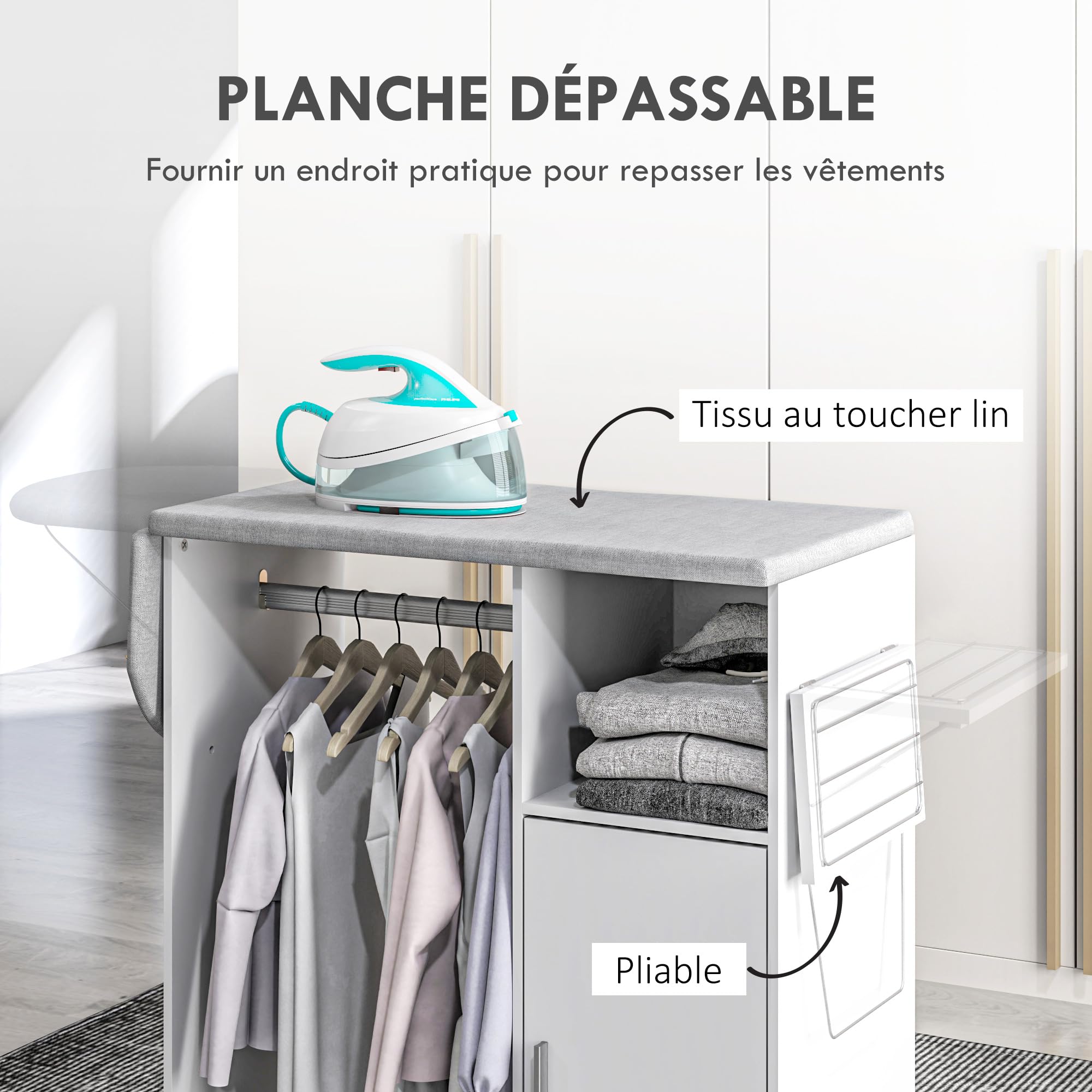 HOMCOM Meuble à Repasser sur roulettes 127 x 42,5 x 99 cm Blanc | Table à Repasser Pliante, Placard à Porte, Étagère Réglable, Barre de Suspension, Compartiment Ouvert et Support Latéral