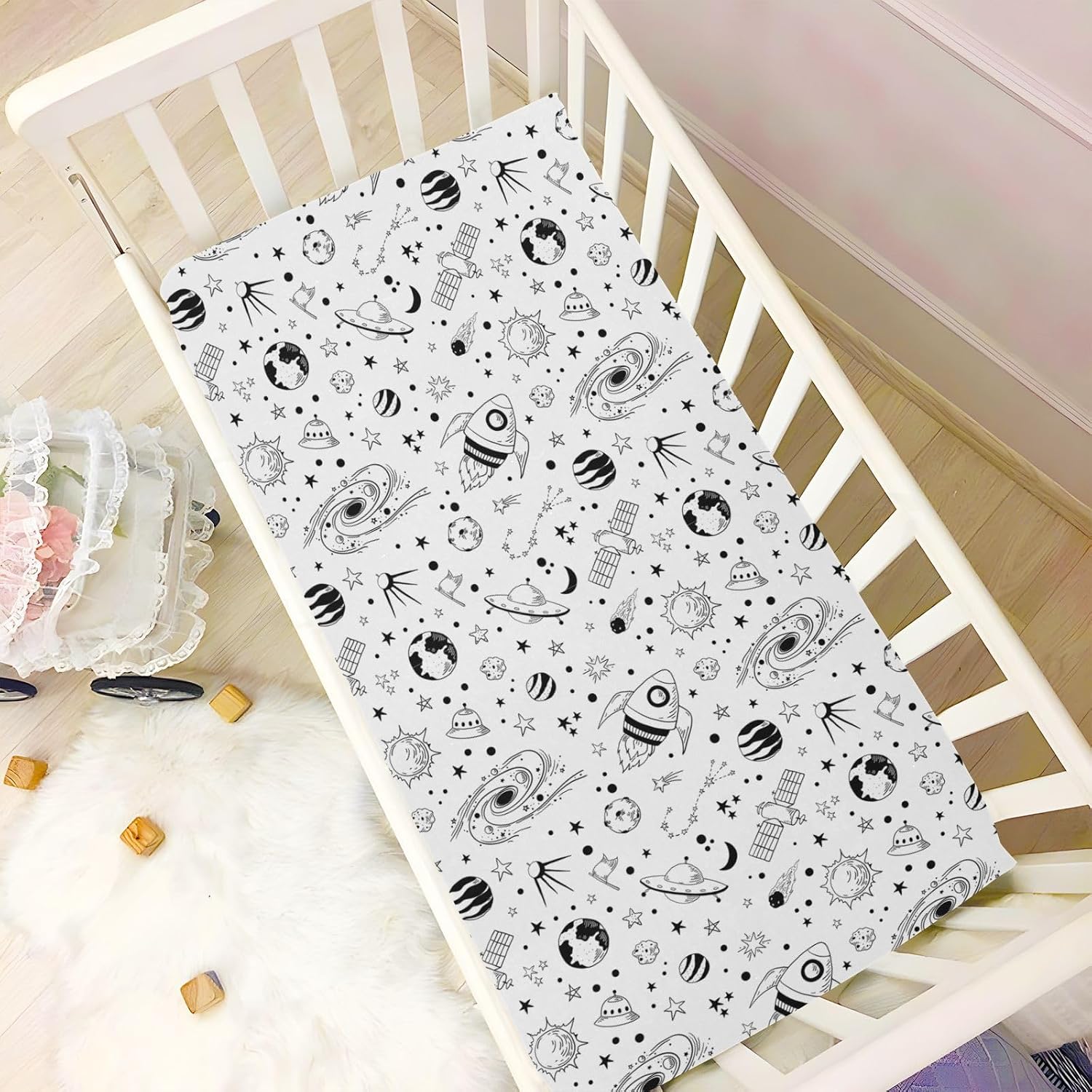 Space Planet Crib Sheets for Boys Girl White Galaxy Rockets Universe Star Playard Sheets Fitted Toddler Baby Bed Sheets Cute Cartoon Unisex Mini Crib Mattress 27x39 Inch