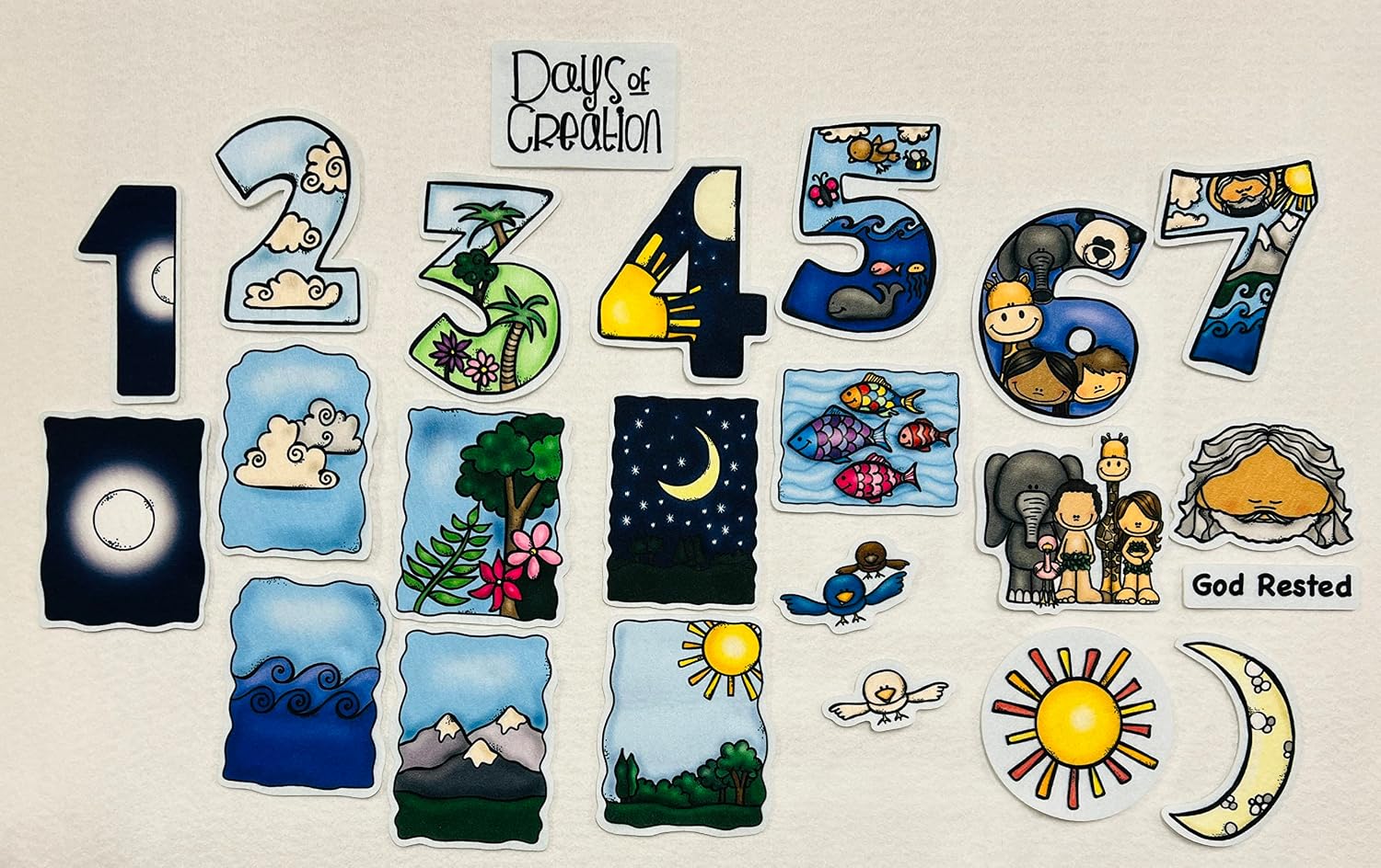 Days of Creation 23 PRECUT Felt Figures Bible Felt/Flannel Board Stories Story Plus Lesson Guide & Activity Coloring Pages