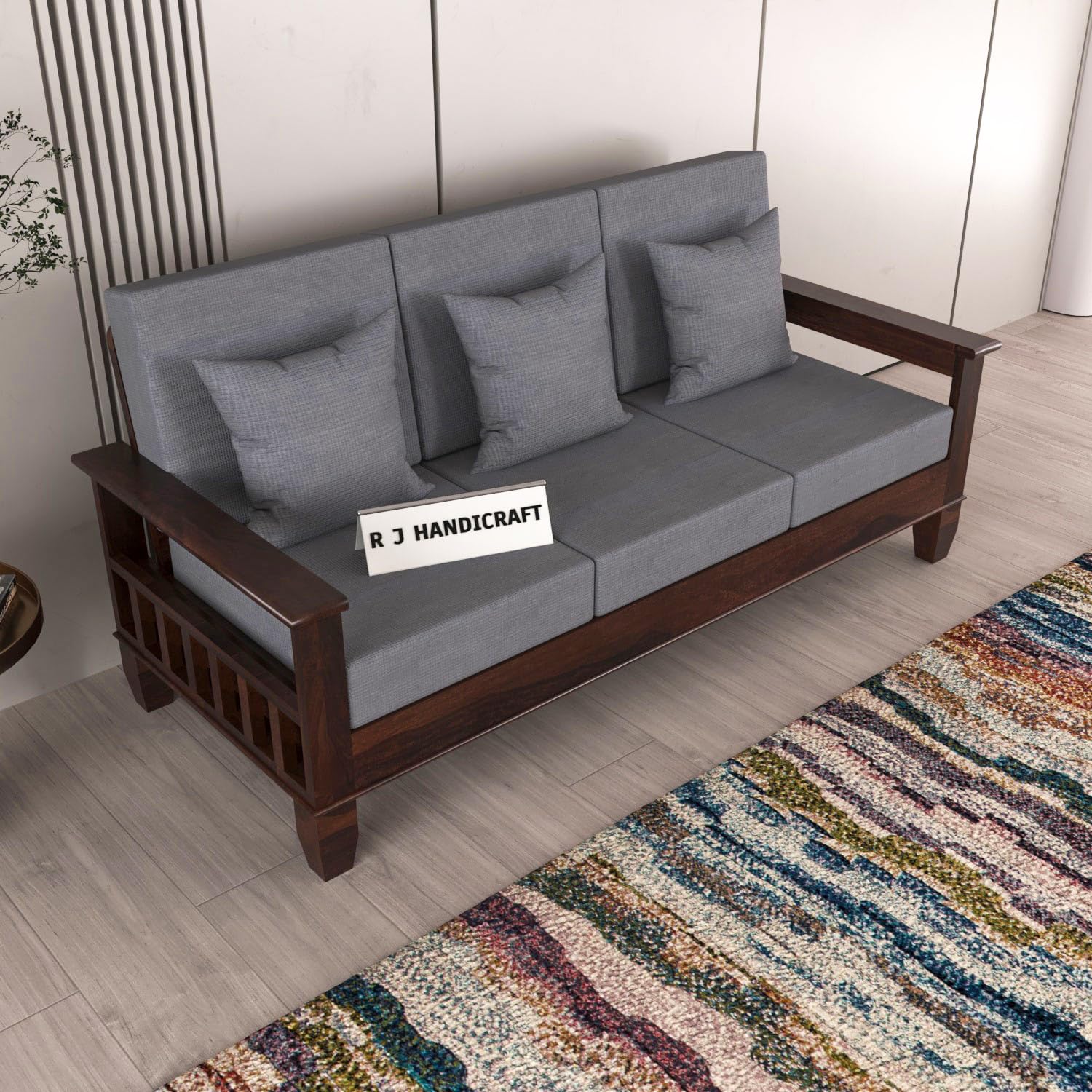 RJ HANDICRAFT Sheesham Wooden 3 Seater Sofa for Living Room | Rosewood 3 Seater Cushion Sofa with Side Newspaper Holder for Home & Office | Solid Wood Sofa Set for Lounge (Walnut, 3 Seater)