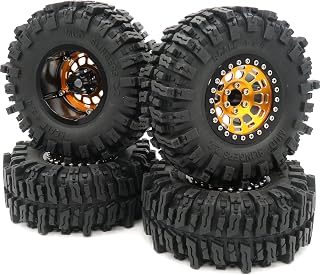 hobbysoul 2.2 Mud Slingers Tires Height 4.88'' & 2.2 Beadlock Wheels Gold Black, 2.2 Wheels & 2.2 Tires for Axial Capra Wraith / TRX4 / Gen8, (4-Pack, Assembled)