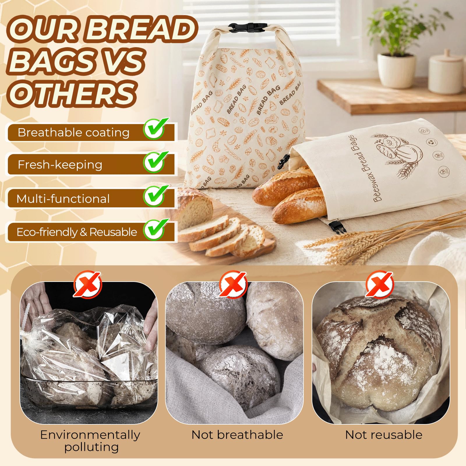 2 pezzi Sacchetto pane cera d'api,43×33 cm Tela cerata per pane,Sacchetti cera d'api per alimenti,con chiusura con fibbia/cerniera,per lievito madre e prodotti da forno (Zip A)