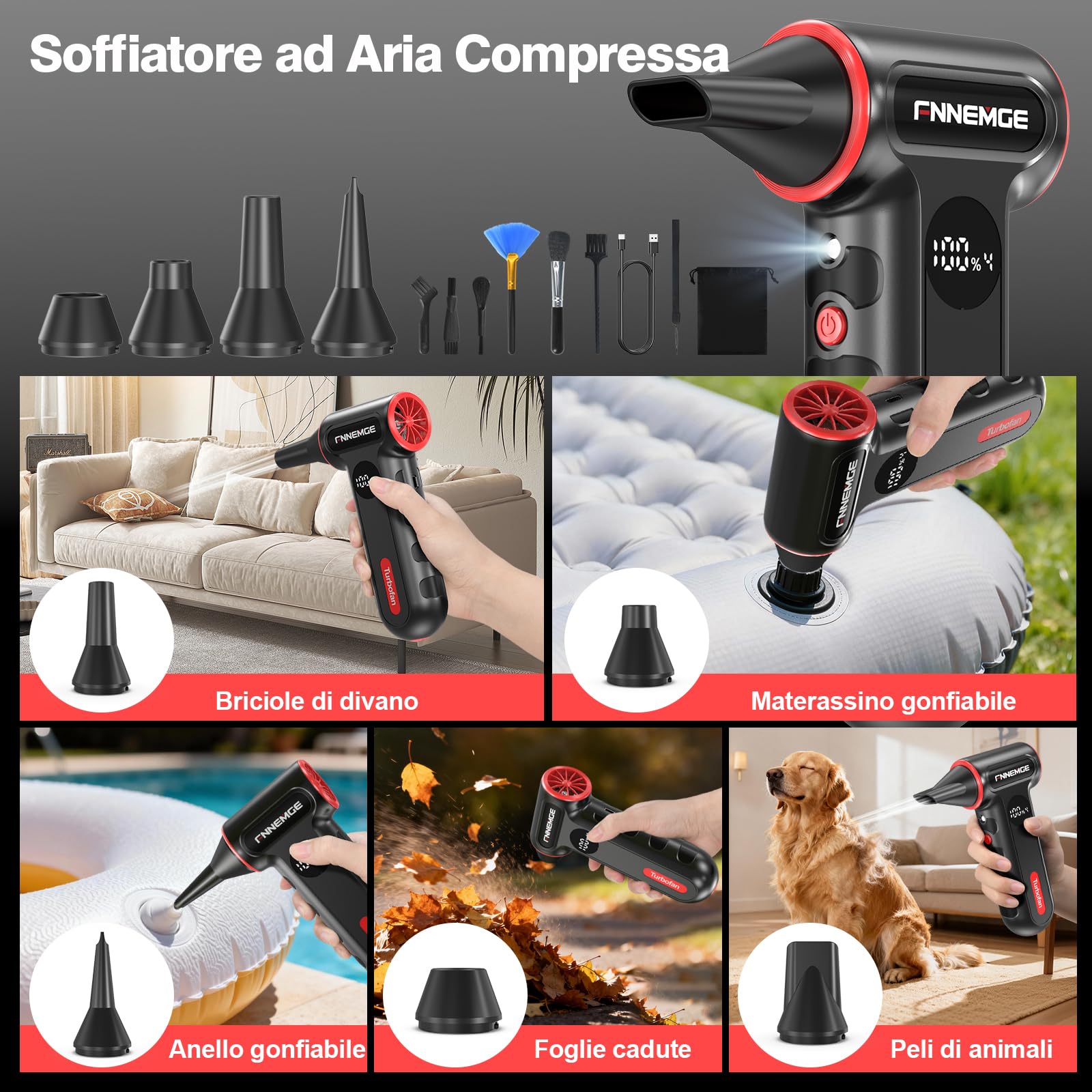 FNNEMGE Soffiatore Elettrico Senza Fili Max 220000 giri/min &12000mAh & 4 Velocità Regolabile con Illuminazione Ausiliaria. Adatto per la Rimozione della Polvere su PC, Tastiere, Auto.