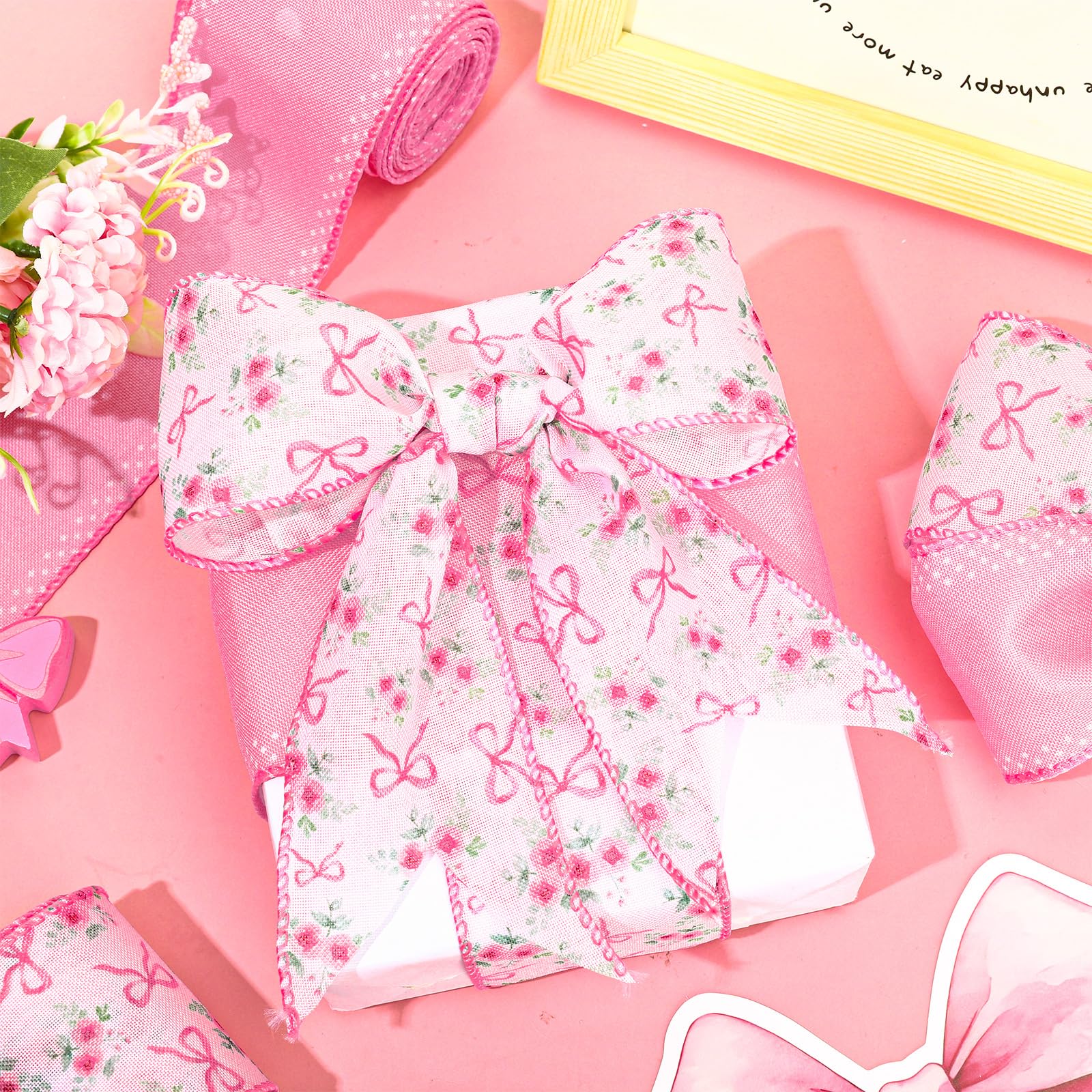 Amazon.com: JarThenaAMCS 2 Rolls Pink Bow Flower Wired Edge Ribbon