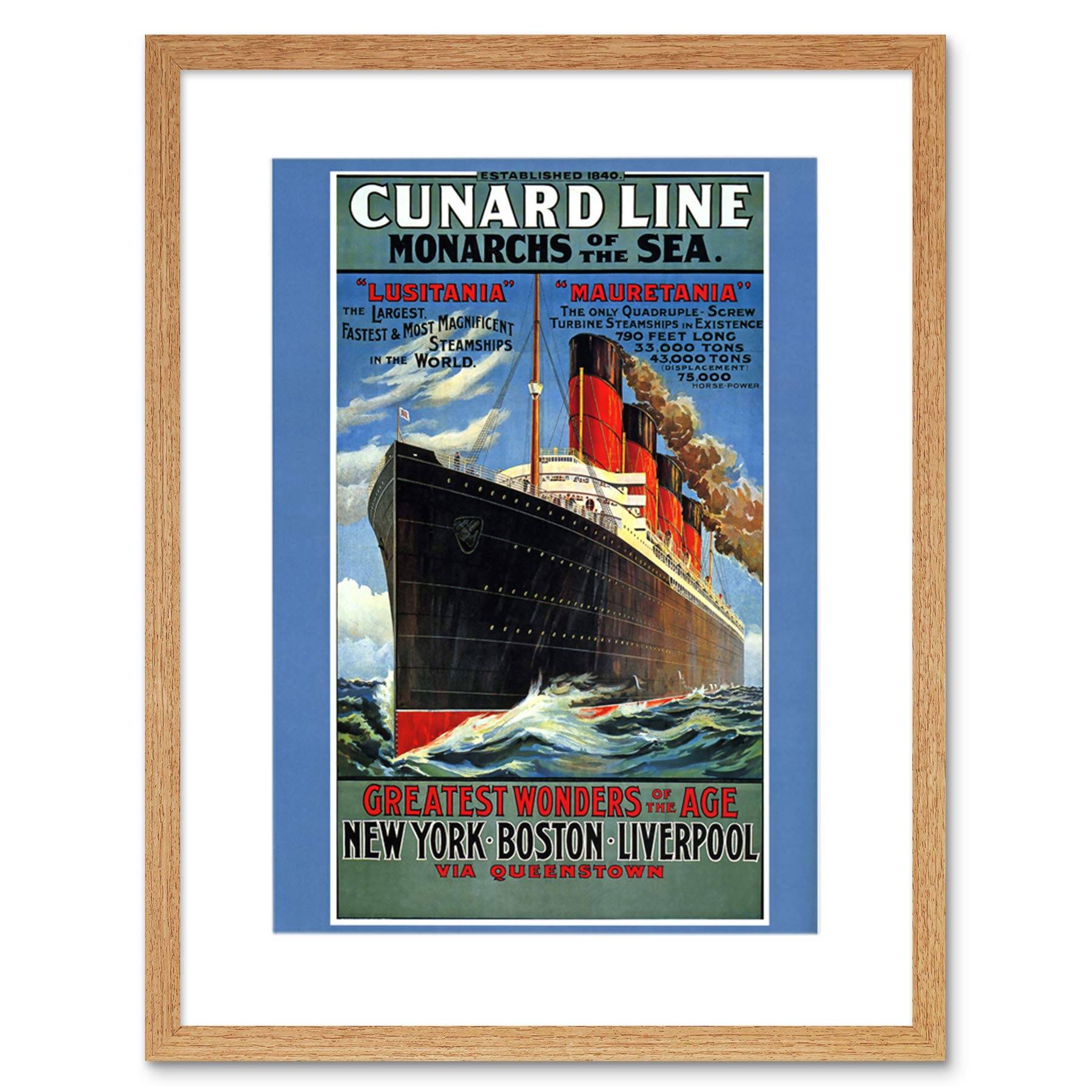 Wee Blue Coo Travel Lusitania Mauretania Cruise Liner Ship Boat Funnel Art Framed Wall Art Print