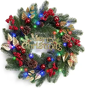 18 Inch Pre-Lit Christmas Wreath, Outdoor Lighted Christmas Wreath with Pine Cones, Berry, Colorful Lights for Front Door, Artificial Xmas Wreath for Holiday Party Decorations