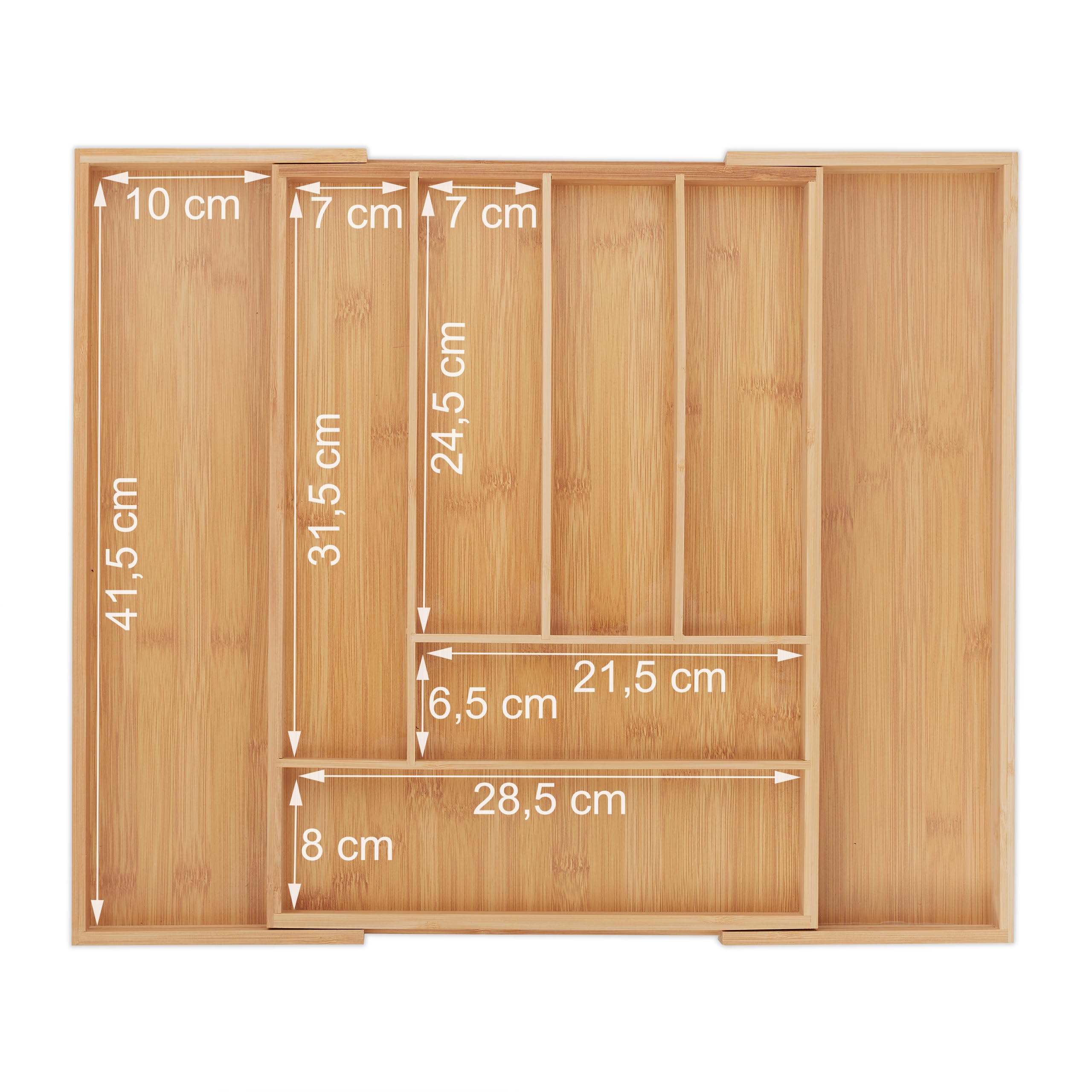 Relaxdays Portaposate da Cassetto, Regolabile, 6-8 Scomparti, 5 x 32 x 43 cm, con 2 Ceppi Portacoltelli, Bambù, Naturale