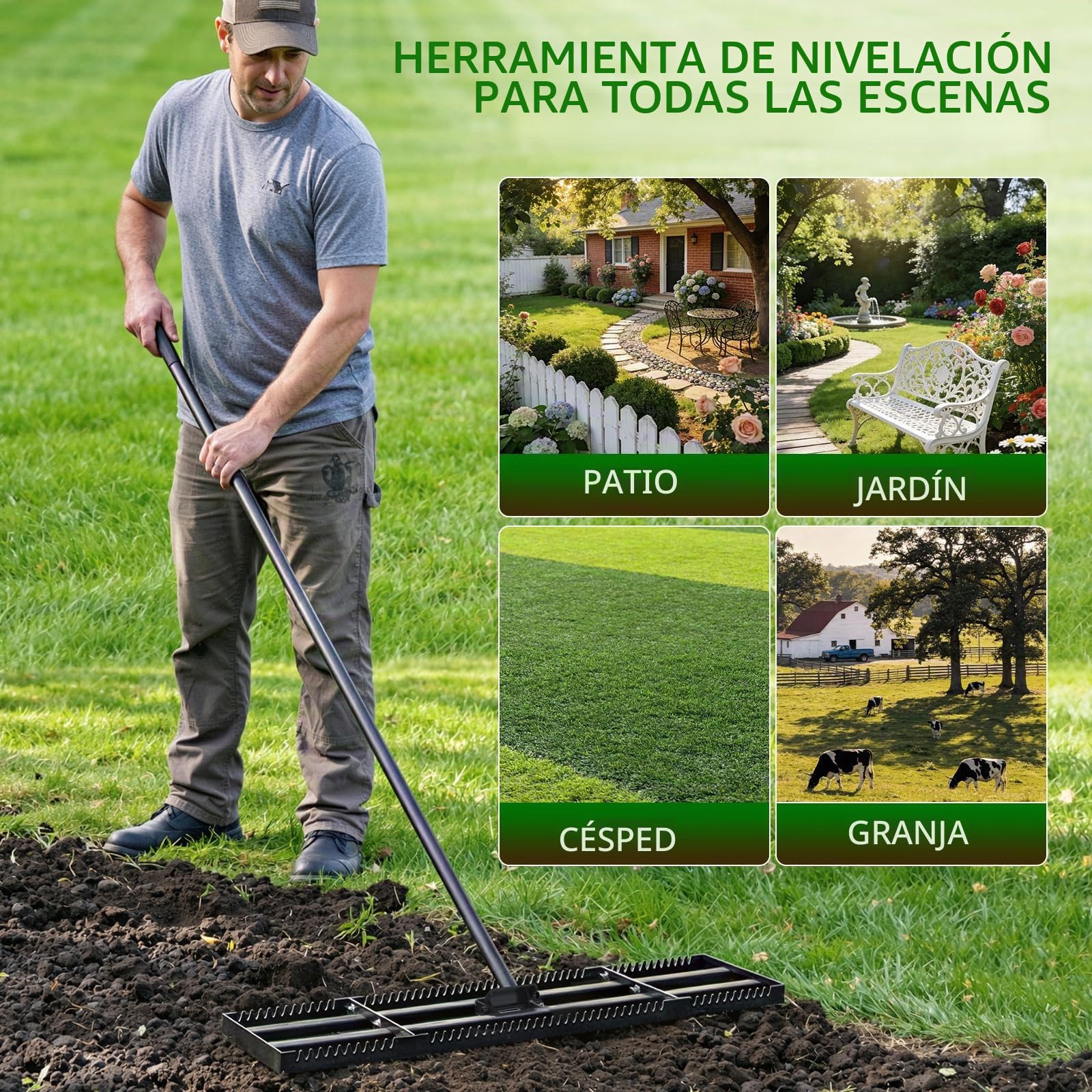 Housolution Rastrillo Nivelador de Césped 32"x10" | Borde Dentado & Placa Lisa, Acero Inoxidable Resistente, Mango Ajustable 72", para Suelo/Tierra/Composta/Césped Muerto/Grava