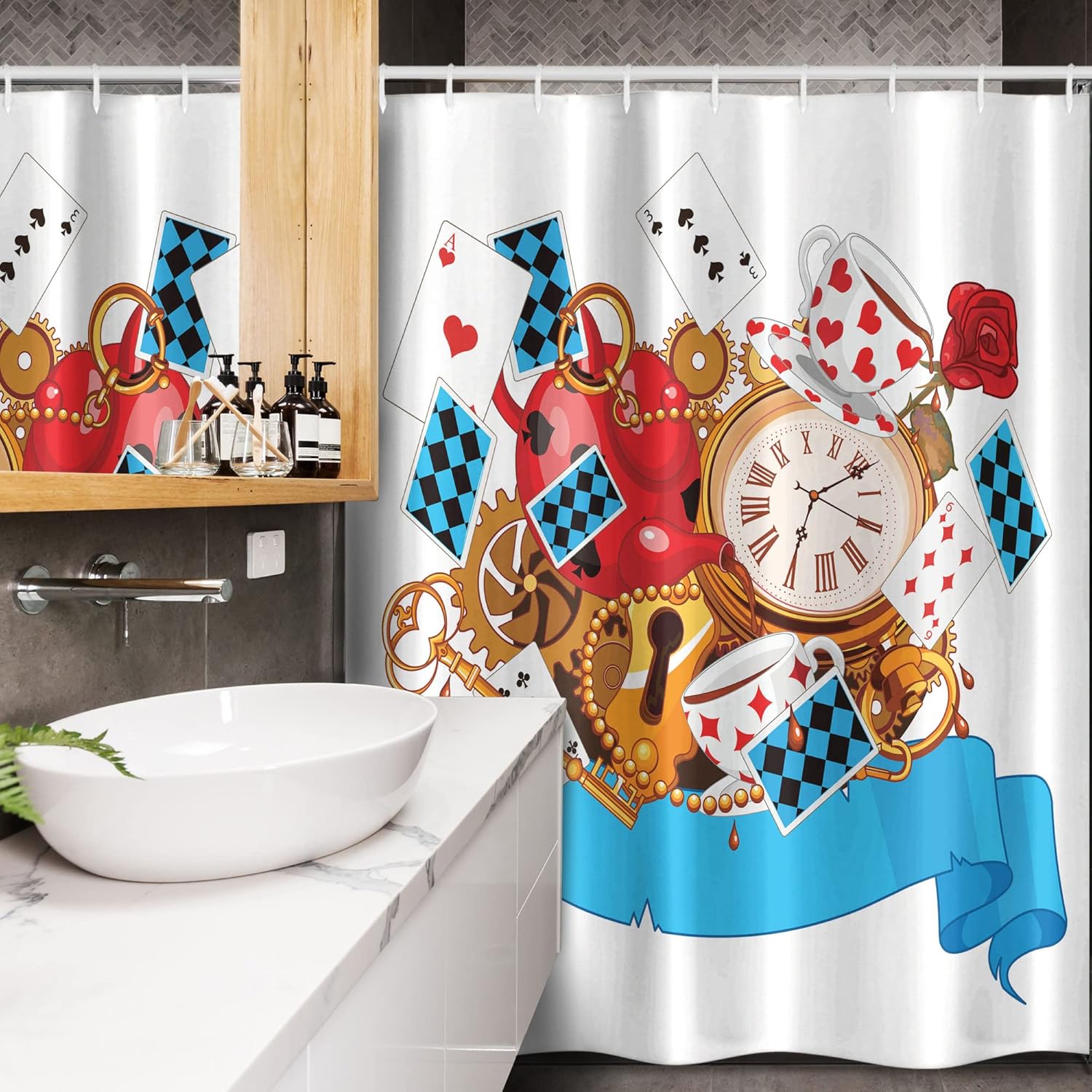 Ambesonne Alice in Wonderland Stall Shower Curtain, Mad Design of Cards Clocks Tea Pots Keys Flowers Fantasy World Art, Fabric Bathroom Decor Set with Hooks, 54" W x 78" L, Soft Blue Red White