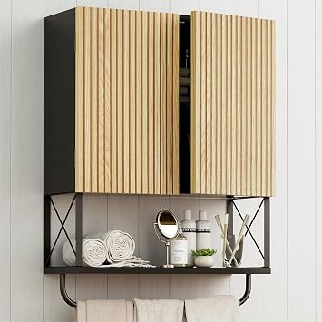 HOKYHOKY Bathroom Wall Medicine Cabinet, Fluted Hanging Wall Mounted Cabinet with Towel Bar, Above Toilet Storage Cabinet for Bathroom Organizers and Storage, Medium Size, Black