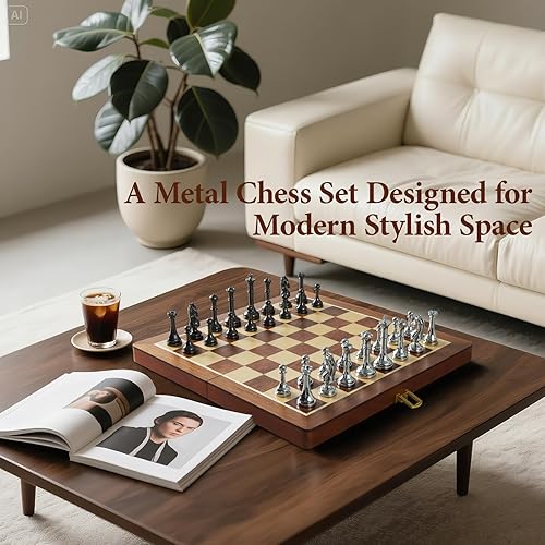 Miniatura 6 de Juego de ajedrez de metal para adultos y niños, tablero de ajedrez plegable de madera de 12 pulgadas y piezas de metal, juego de ajedrez portátil de