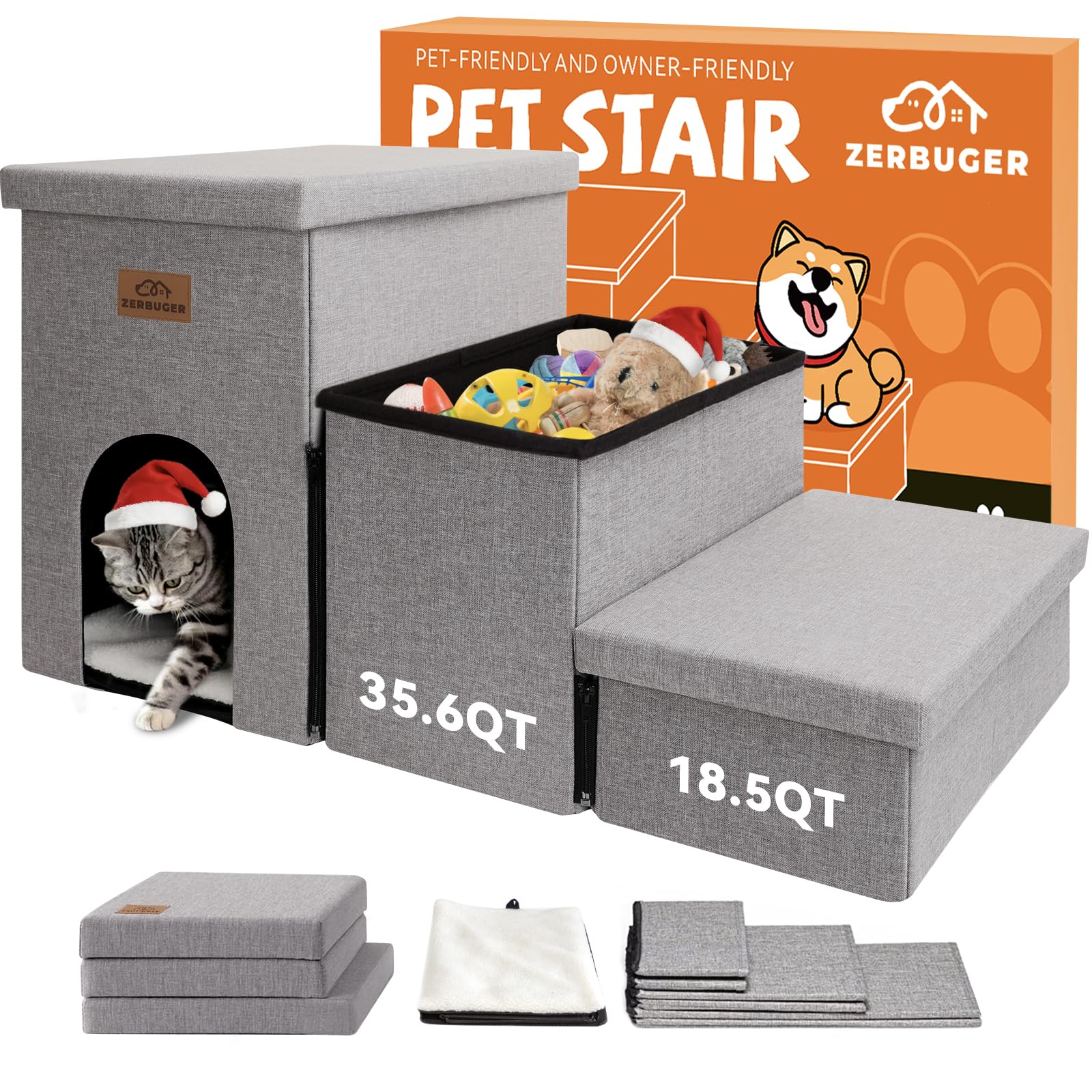 Dog Stairs 18" H, 3-Step Wider Dog Steps for High Beds Couch, Folding Storage Pet Stairs Gift for Small/Medium/Large Old Dogs Cats, Ramp for Climbing Car Up to 200 lbs, (Gray, with Condo)