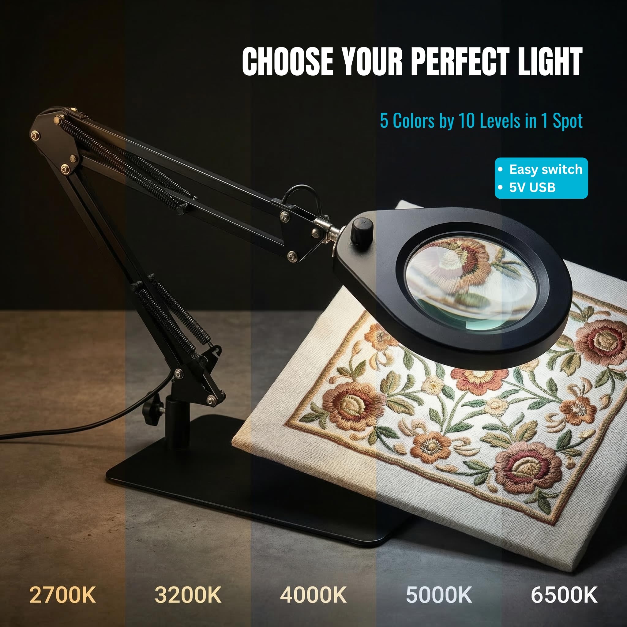 Lampa LED z lupą ze stojakiem i zaciskiem, 10,5 cm, 5-krotna lupa, ściemniane światła w 5 kolorach, pozycjonowanie ramienia obrotowego, do majsterkowania, hobby i czytania (prostokątna podstawa