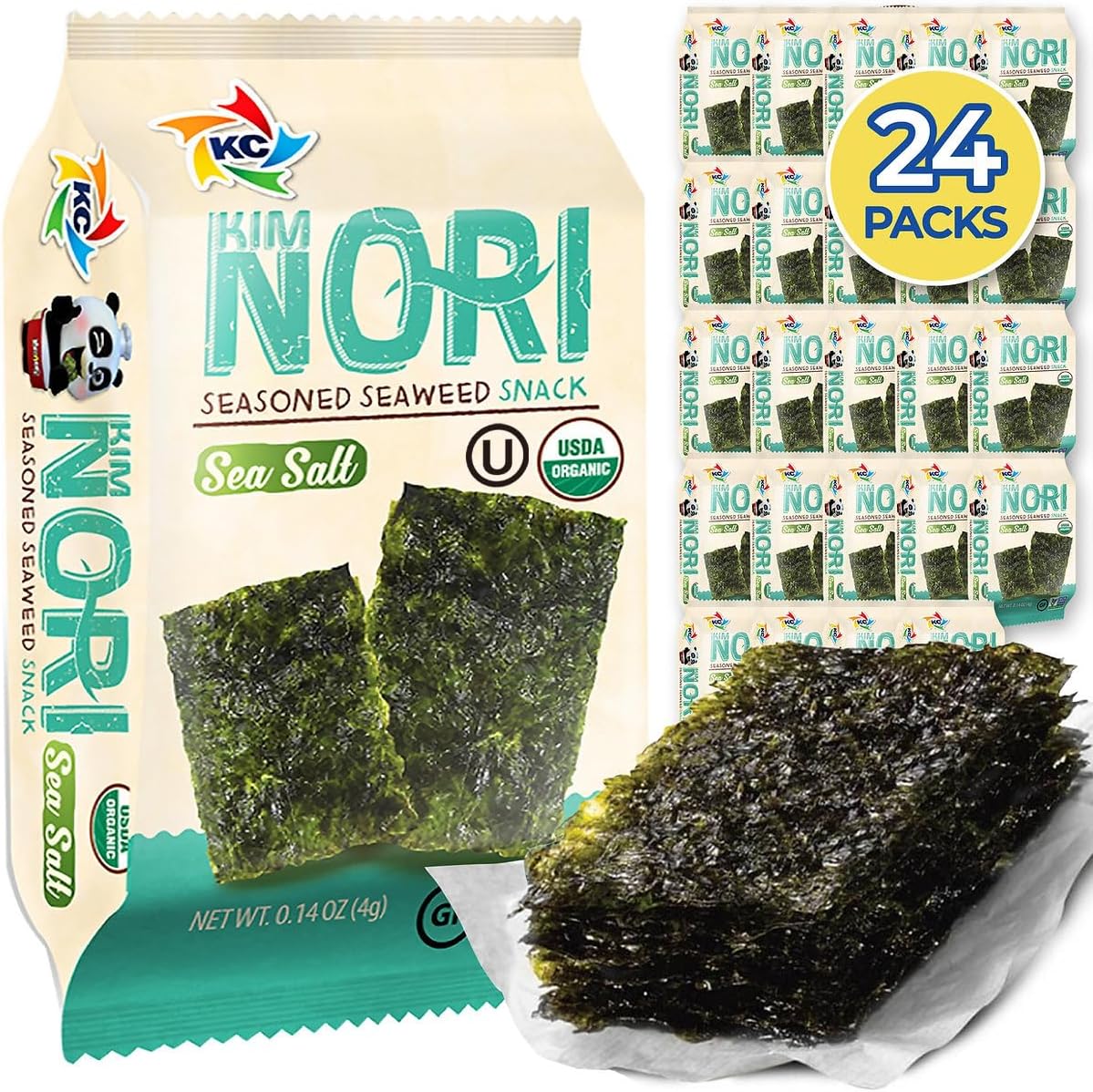 KIMNORI Hojas de bocadillos de algas marinas sazonadas – Sabor a sal marina orgánica 24 paquetes individuales Tostado Crujiente Premium 100% natural Laver Kim Nori 4 g 0.14 onzas