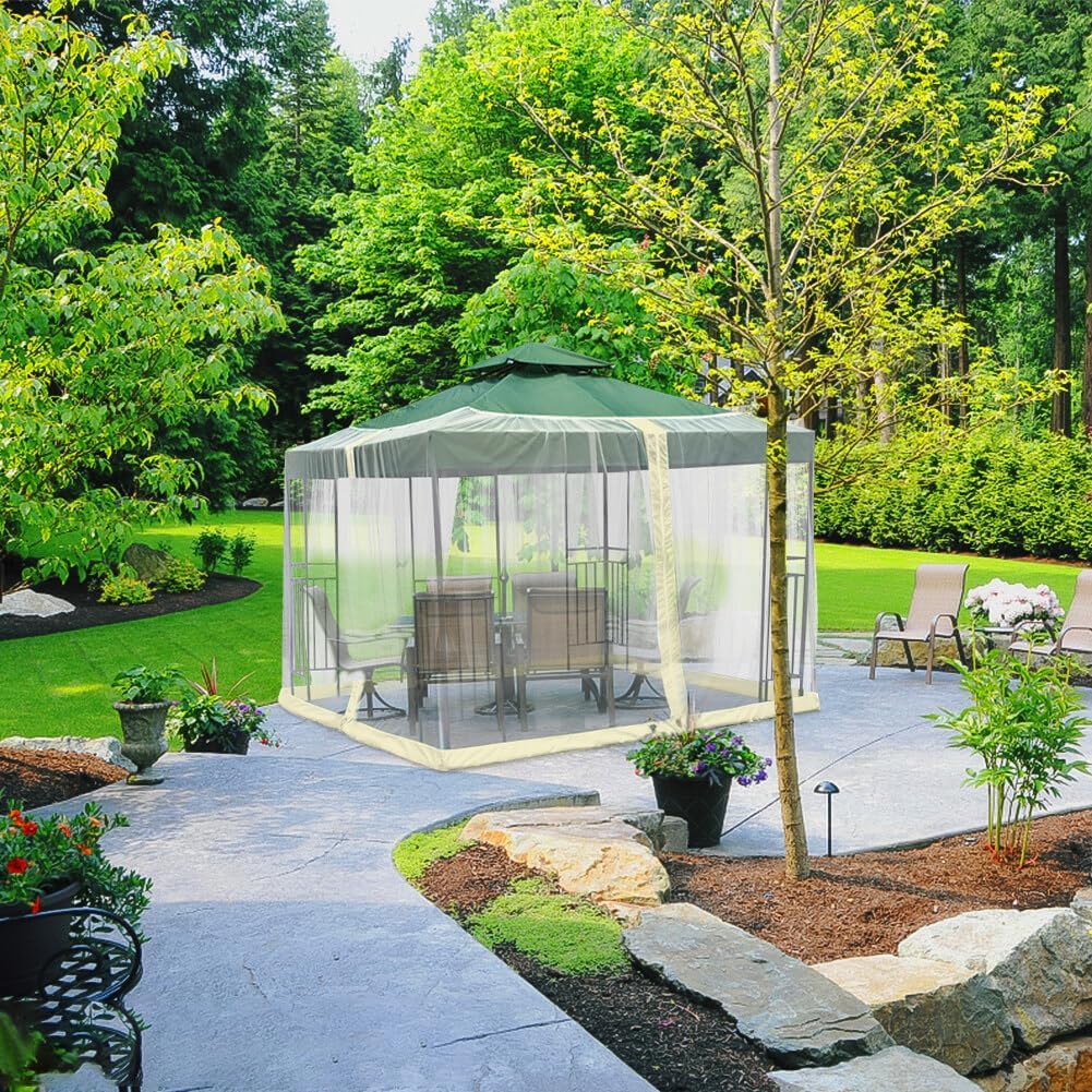 Patio Umbrella Mosquito Netting with Zipper Door Polyester Mesh Net Screen Universal Outdoor Garden Camping Table Top Cover Beach Backyard Market (Beige 300cmx300cmx230cm)