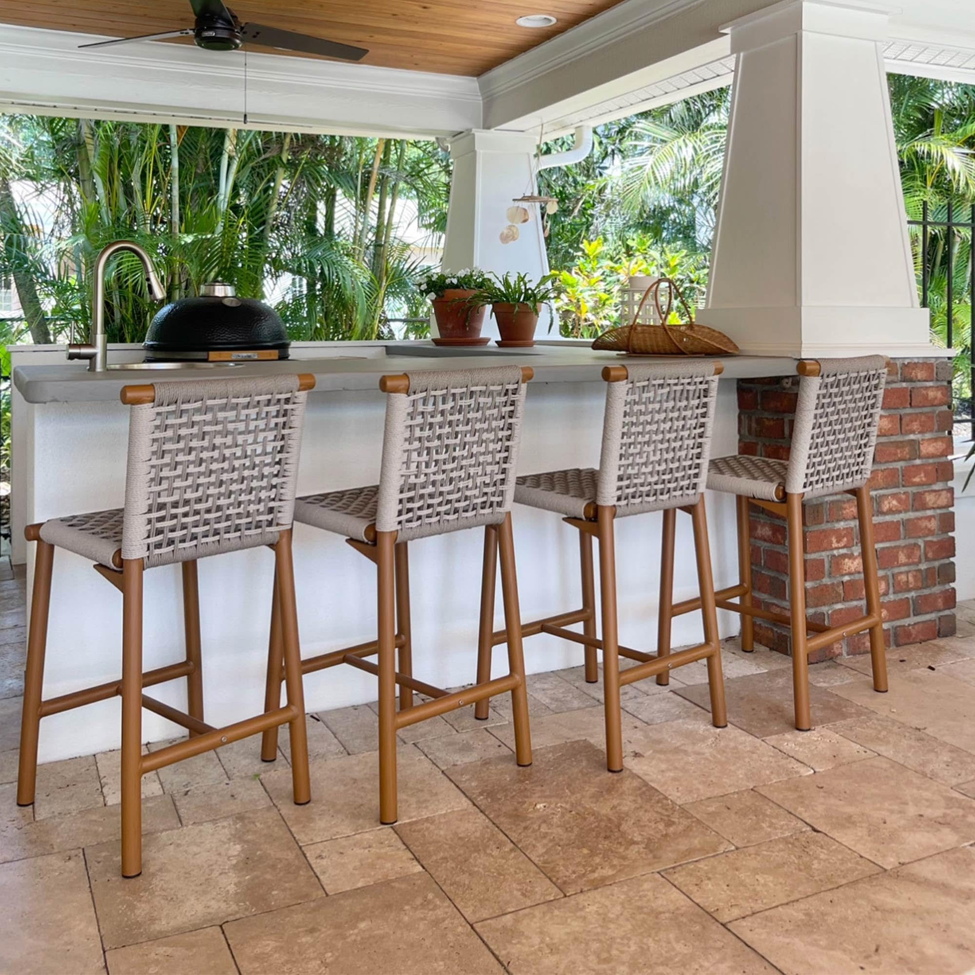 PURPLE LEAF Outdoor Counter Height Stools Set of 4 Aluminum Wicker Bar Stool with Back for Backyard Pool Lawn Kitchen Patio Metal Barstool Chairs Teak