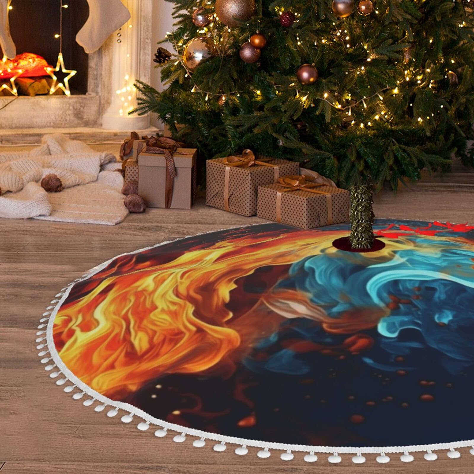 Jupe de sapin de Noël 122 cm en peluche au motif feu et eau pour décoration de fête