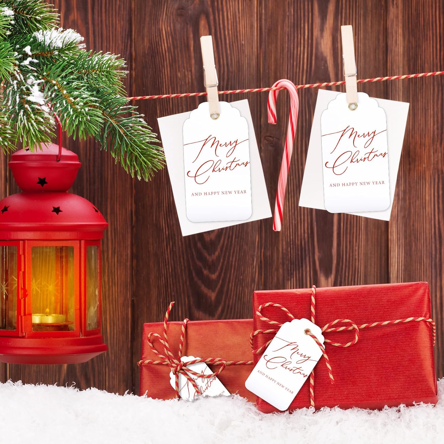JarThenaAMCS 60Pcs Christmas Paper Gift Tags Merry Christmas Hanging Label Tags with Red Ribbon for Xmas New Year Party DIY Crafts Wrapping Holiday Presents Supplies - Image 5
