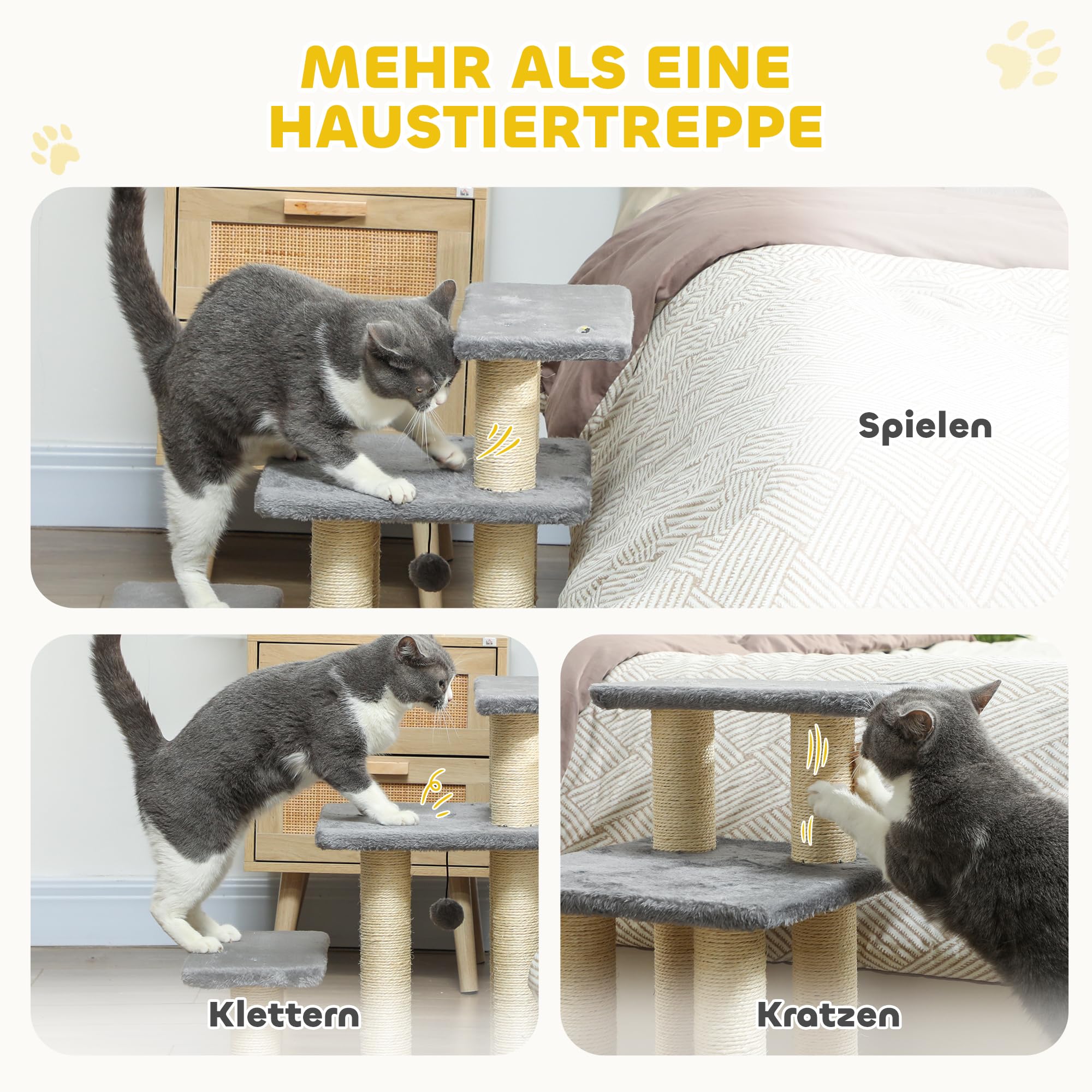 PawHut Hundetreppe 3 Stufen 54 cm Hoch Haustiertreppe für Kleine Hunde Katzentreppe Hunderampe mit Sisal Kratzbäumen, Spielball, Einstiegshilfe für Bett, Sofa, Couch und Auto Grau