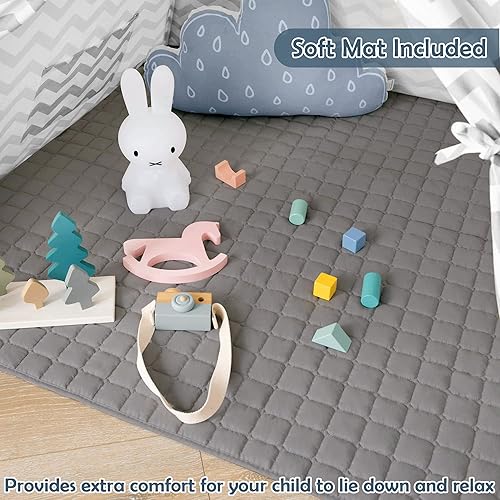 Miniatura 2 de Tiny Land Tienda de campaña para niños con tapete y cuerda ligera, tienda de campaña plegable para niños, tipi de lona gris, casa de juegos
