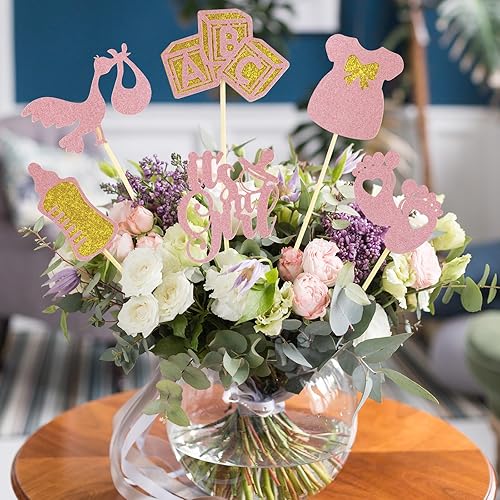 Miniatura 6 de 12 palitos de centro de mesa para baby shower, 6 estilos con purpurina para revelación de género, decoración de mesa It's a Girl, decoración de