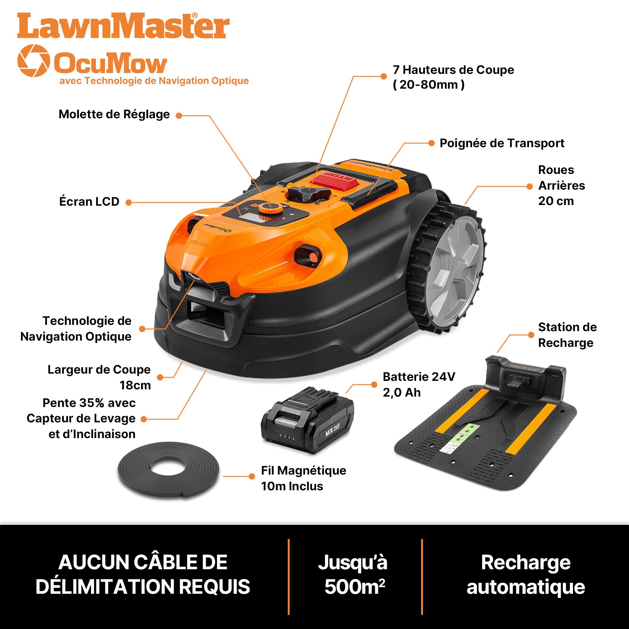 Lawnmaster OcuMow®18 Robot Tondeuse sans Fil 500 m² Navigation Visuelle Évitement Obstacles Station Charge Automatique Zones Interdites