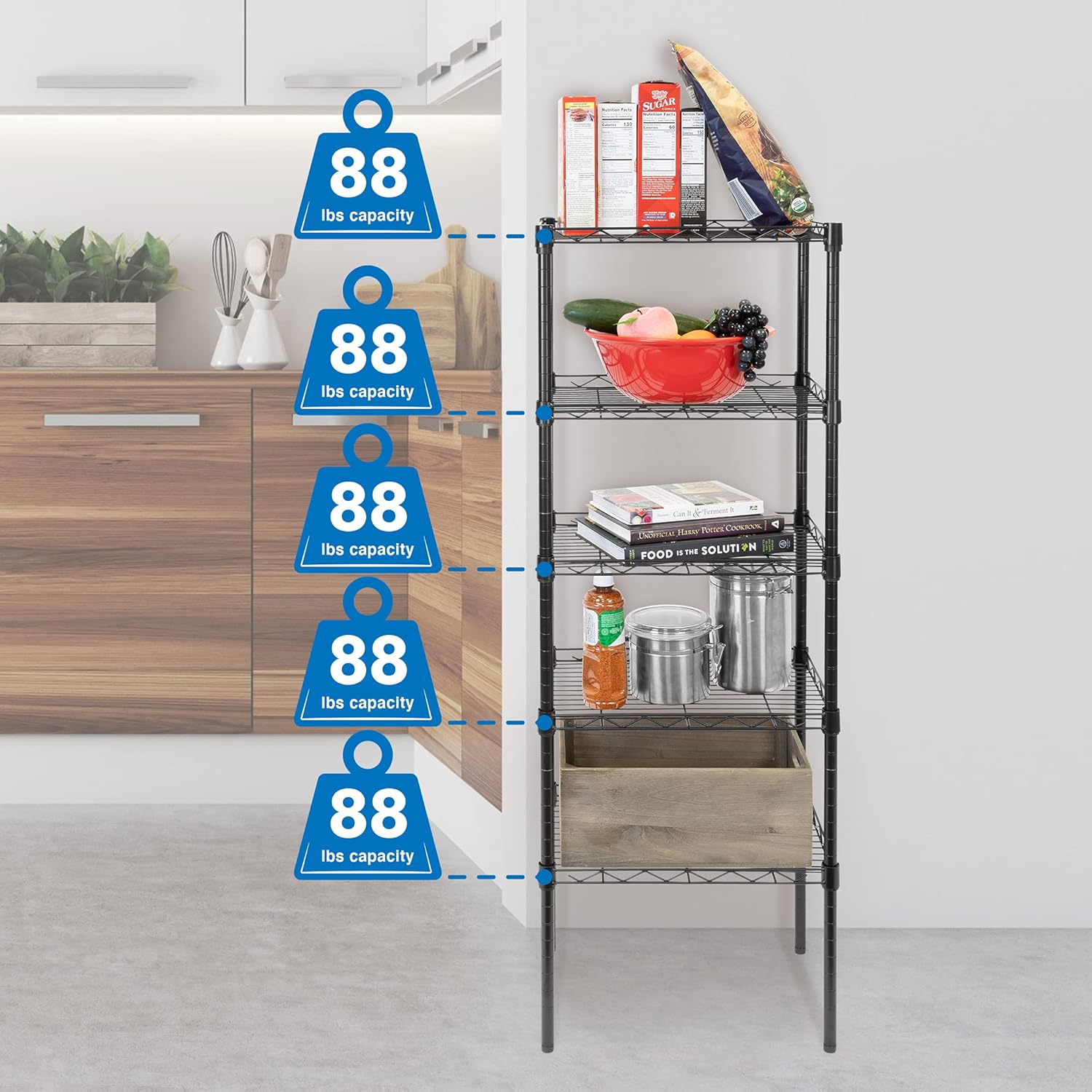 Mount-It! 5 Tier Metal Shelving Unit, Adjustable Wire Shelves, Steel Rack for Kitchen, Garage, Laundry Room, Storage Organizer, 16W x 11.25D in