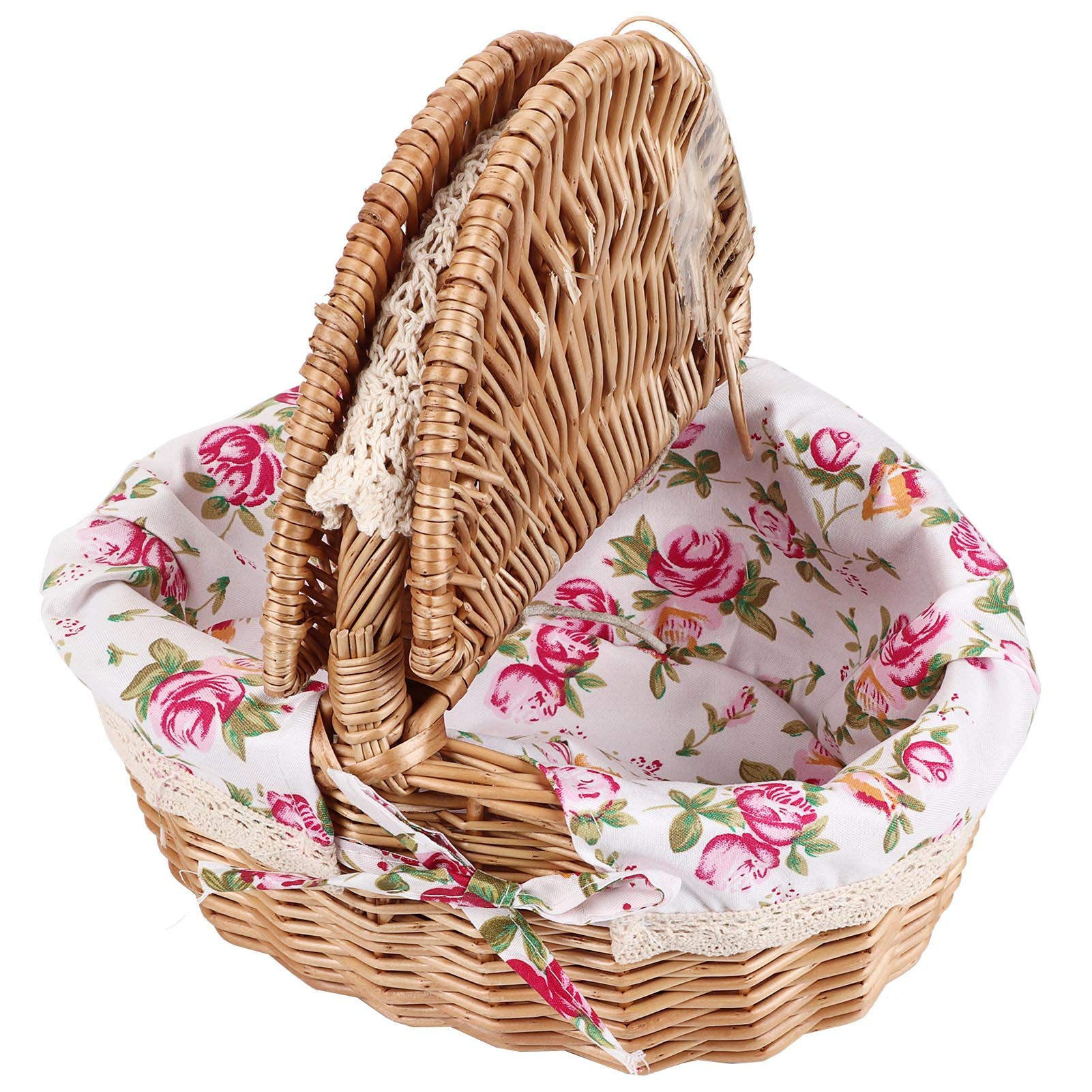GLOGLOW Wicker Picnic Basket With Double Lids, Floral Lined Picnic