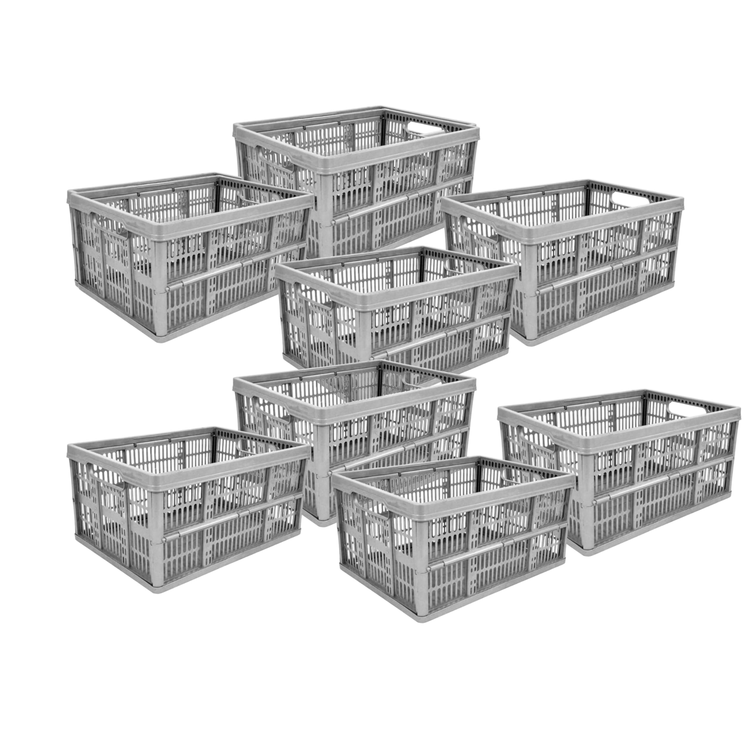 Neat. Silver 32L Foldable Stackable Plastic Storage Crate Container – Collapsible & Portable Multi-Use Basket For Fruits, Vegetables & Books – Pack Of 8 (47Cm X 35Cm X 23.5Cm)