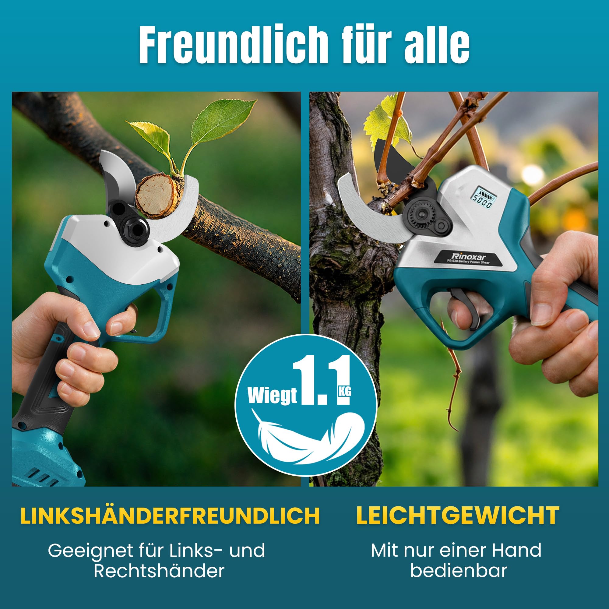 Akku Astschere 50 mm Profi, Elektrische Gartenschere Kabellos mit 2 x 4000 mAh Akku, Bürstenloser Motor, LCD-Display, Astschneider für Garten, Äste und Obstbäume