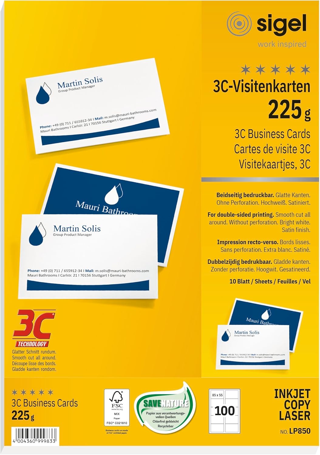 Sigel LP850, 85X55 Mm (A4), Business Cards, 3C, Smooth Cut All Around, 225 GSM, Printable, Bright White, 100 Pcs.=10 Sheets